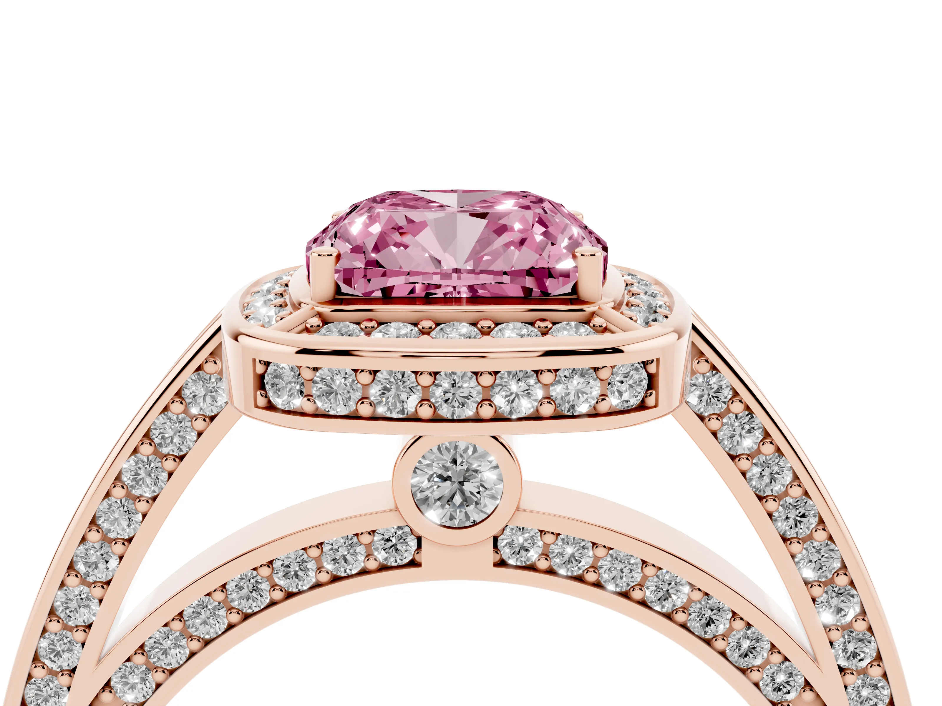 Fancy Pink Cushion Cut Diamond Halo Pavé Split Shank Ring Set in Rose gold with Prong Setting
