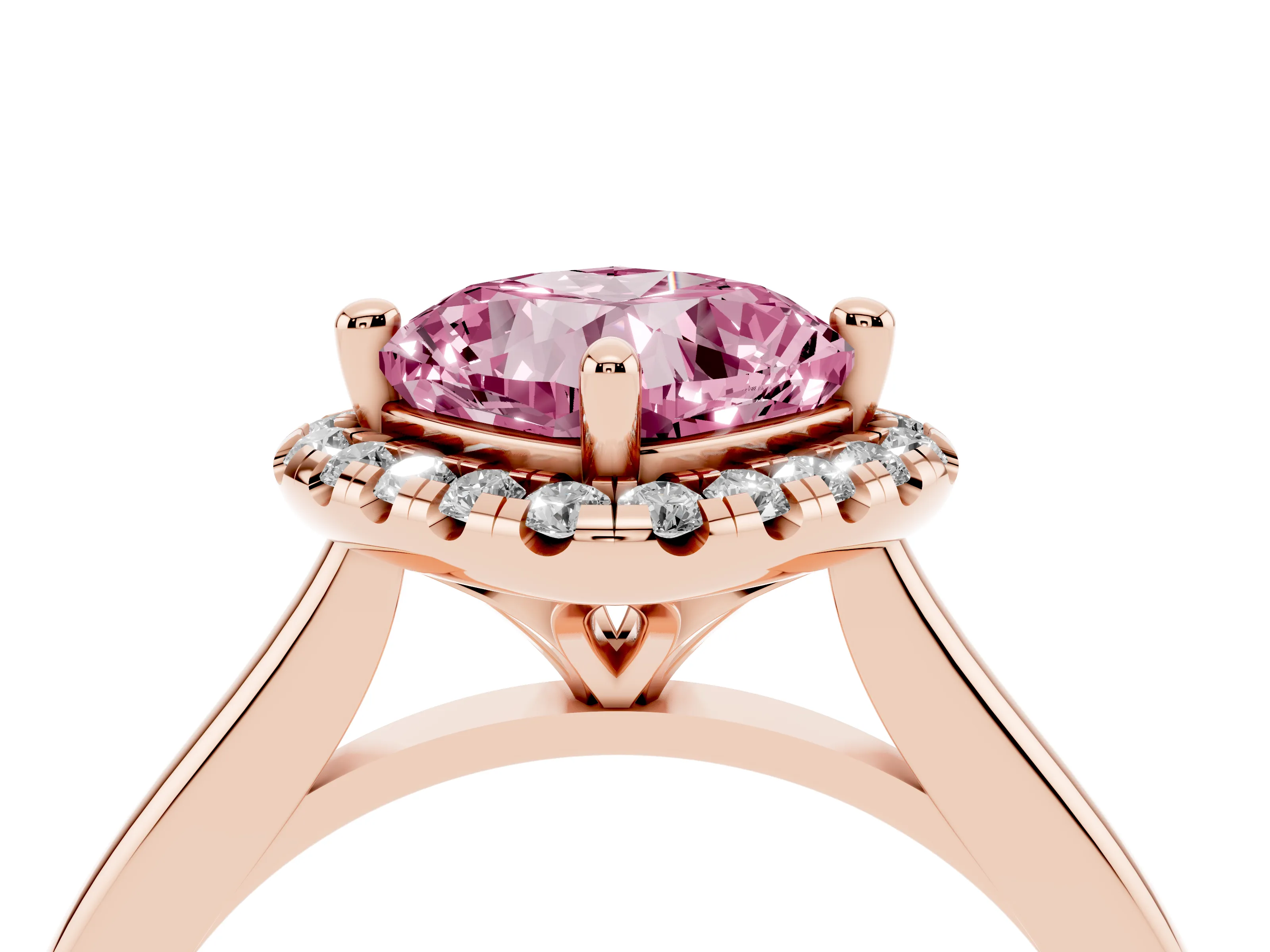 Fancy Pink Cushion Cut Diamond Halo Engagement Ring Set in Rose gold with Pavé Band and Rising Shoulders