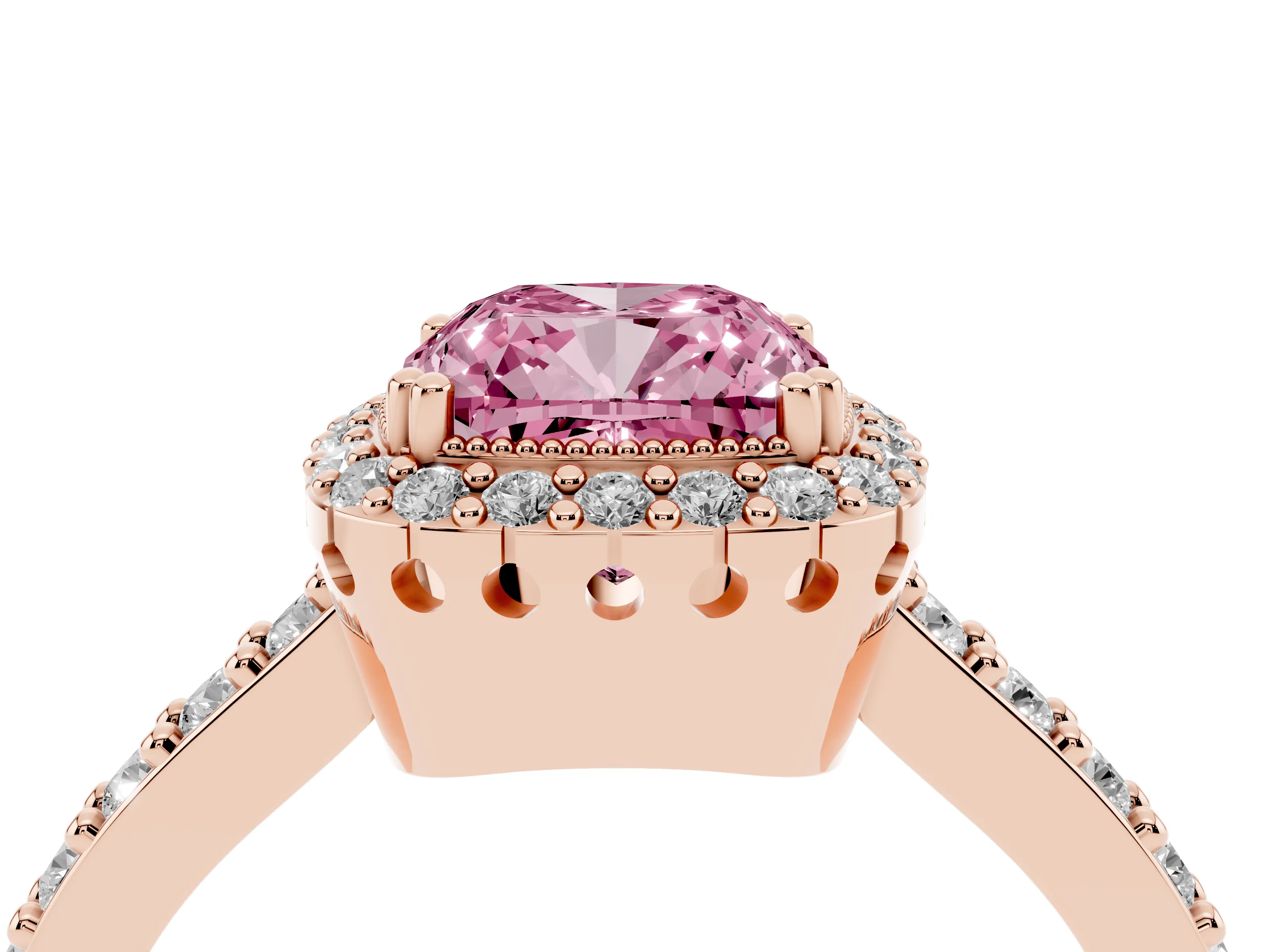 Fancy Pink Cushion Cut Diamond Halo Engagement Ring Set in Rose gold with Milgrain Detail and Pavé Band
