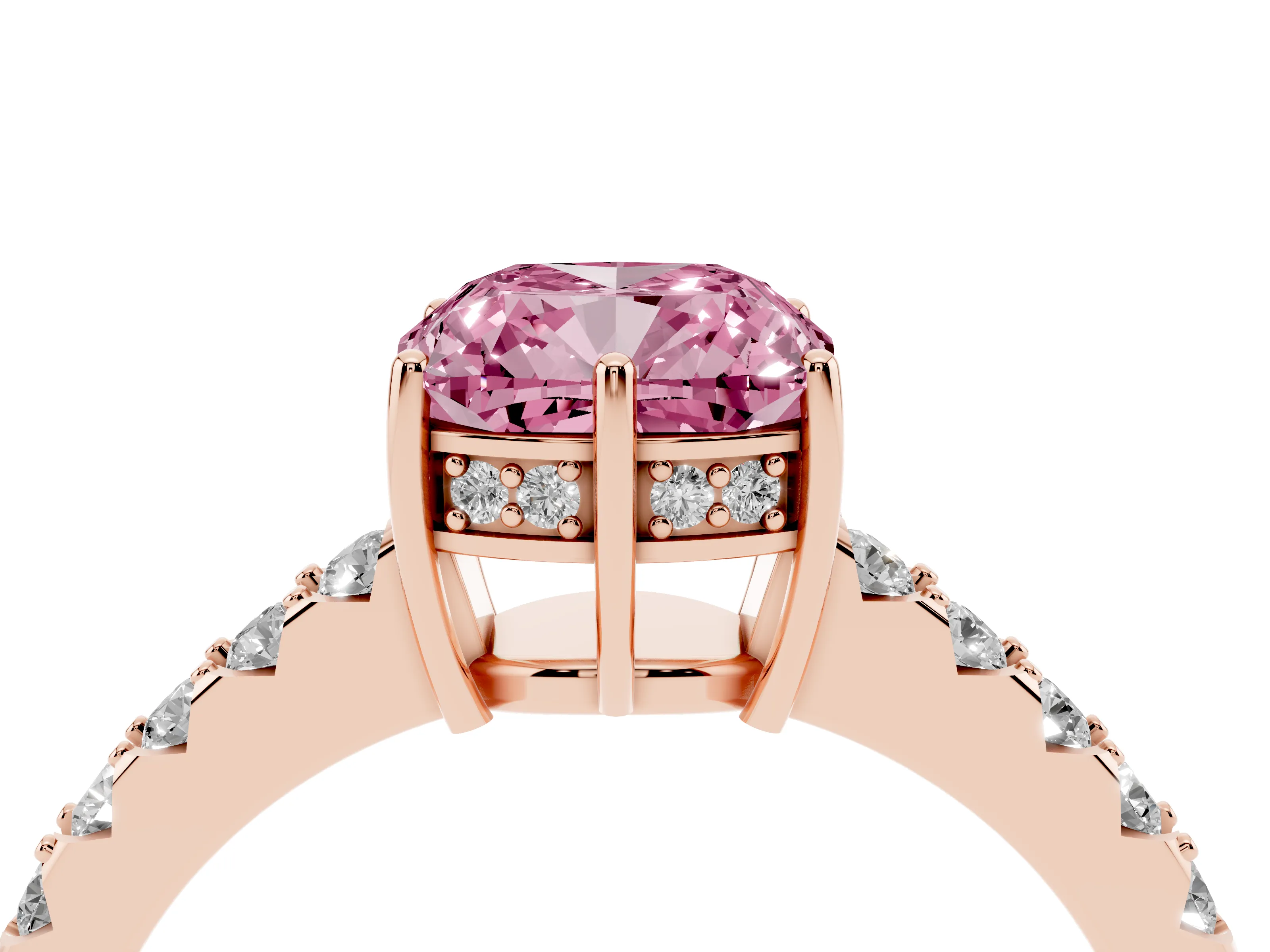Fancy Pink Cushion Cut Diamond Solitaire Engagement Ring Set in Rose gold with Pavé Band and Prong Setting