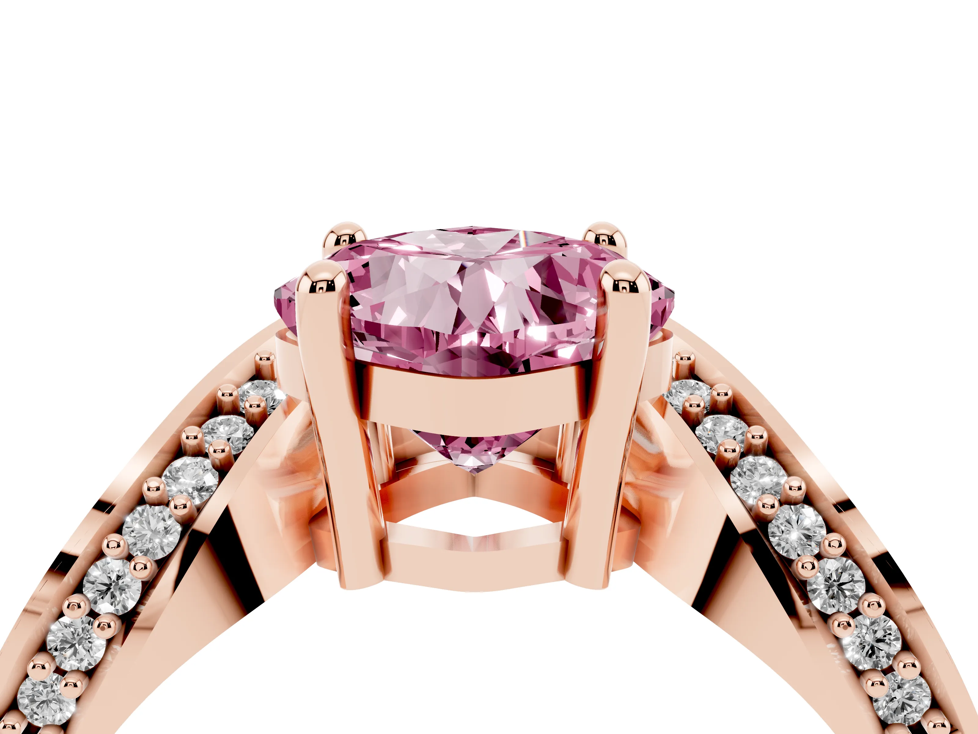 Fancy Pink Cushion Cut Diamond Solitaire Engagement Ring Set in Rose gold with Pavé Shoulders