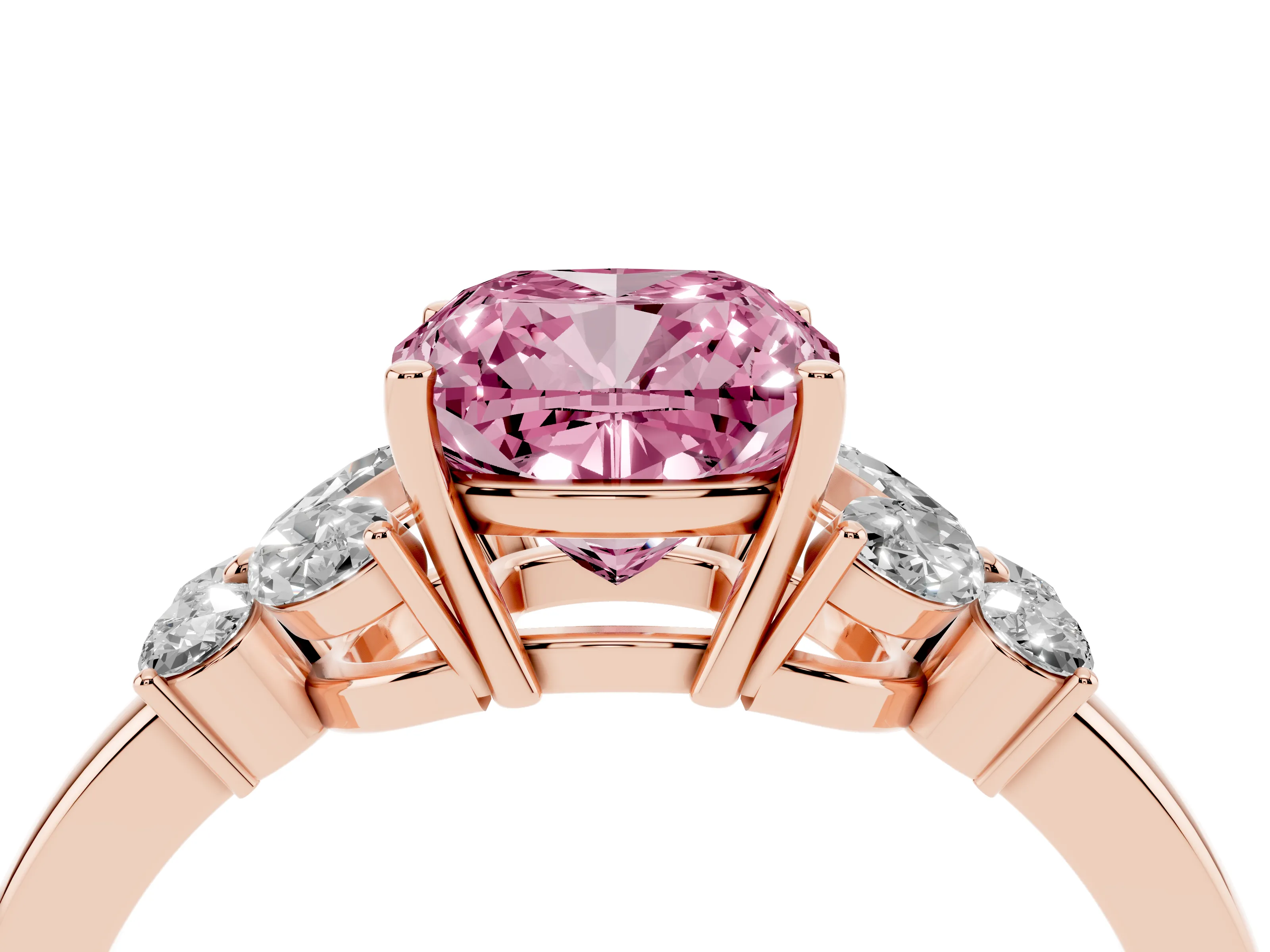 Fancy Pink Cushion Cut Diamond Solitaire Floral Ring Set in Rose gold with Marquise Petals and Prong Setting