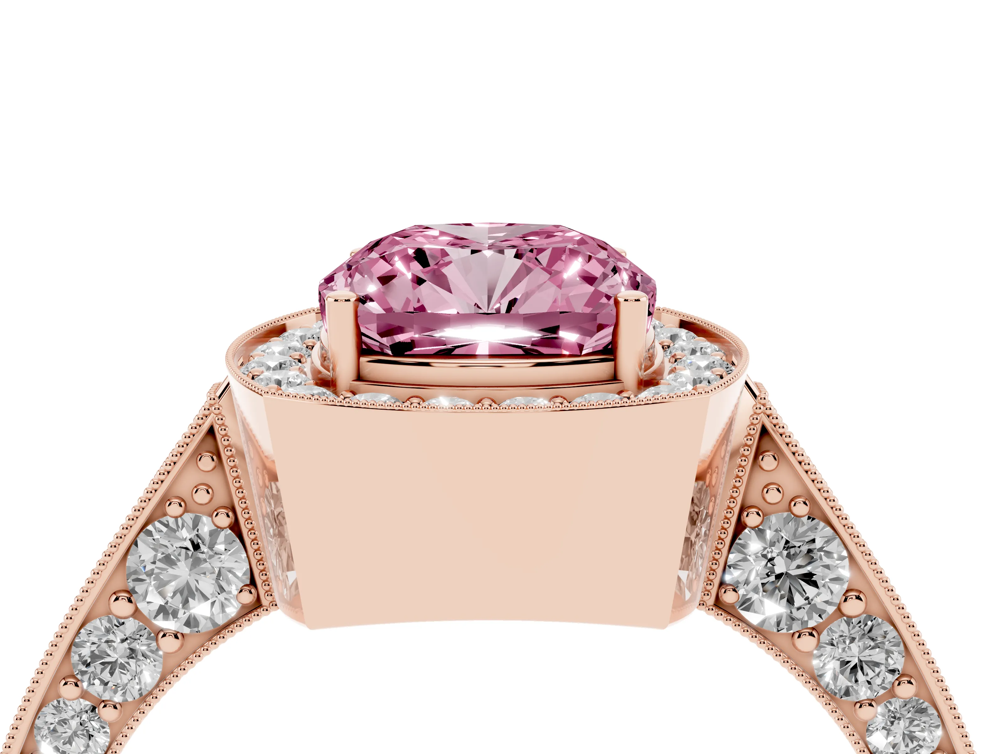 Fancy Pink Cushion Cut Diamond Halo Engagement Ring Set in Rose gold with Accent Split Shank Band