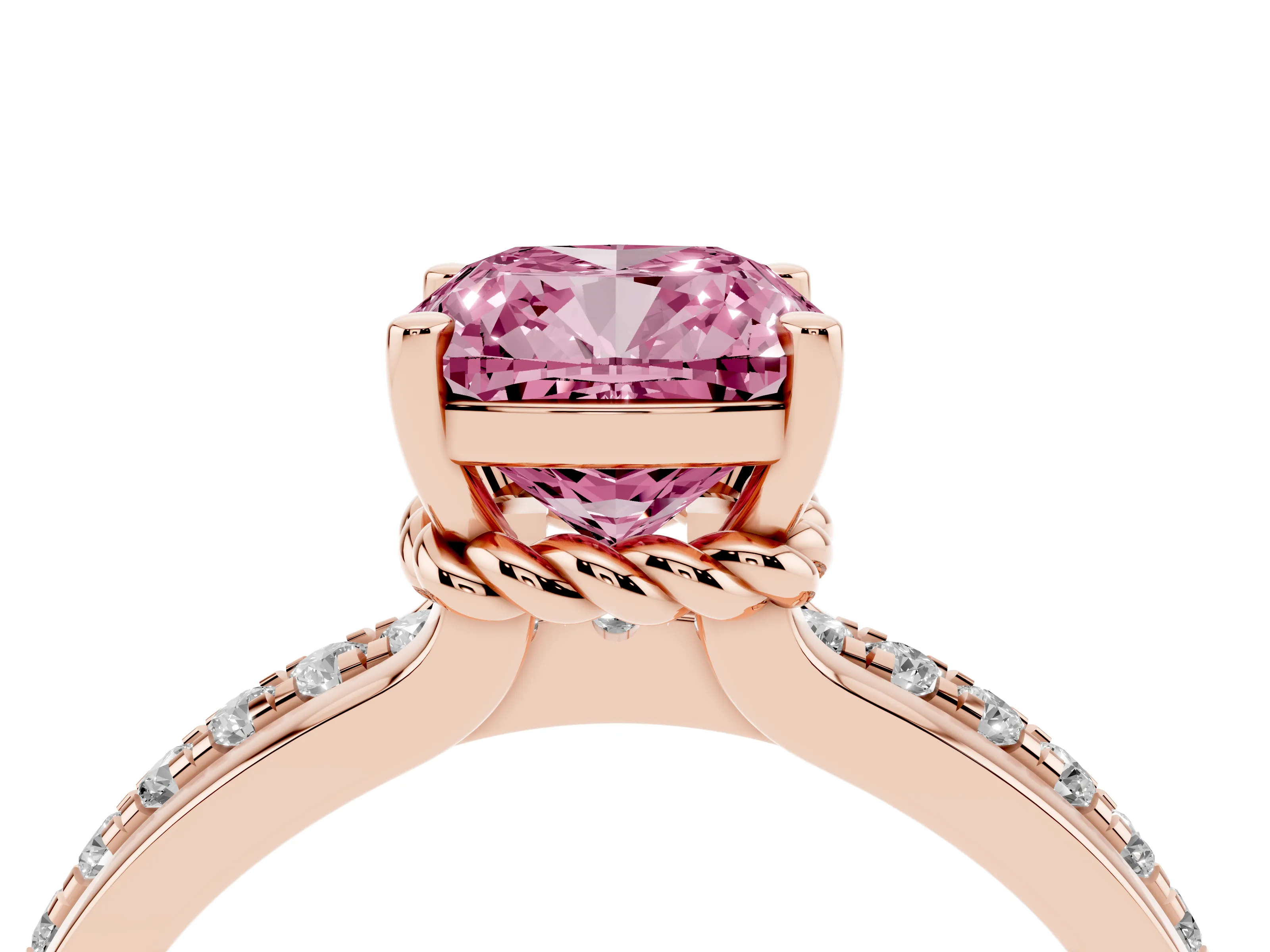 Fancy Pink Cushion Cut Diamond Solitaire Ring Set in Rose gold with Channel Set Band and Prong Setting