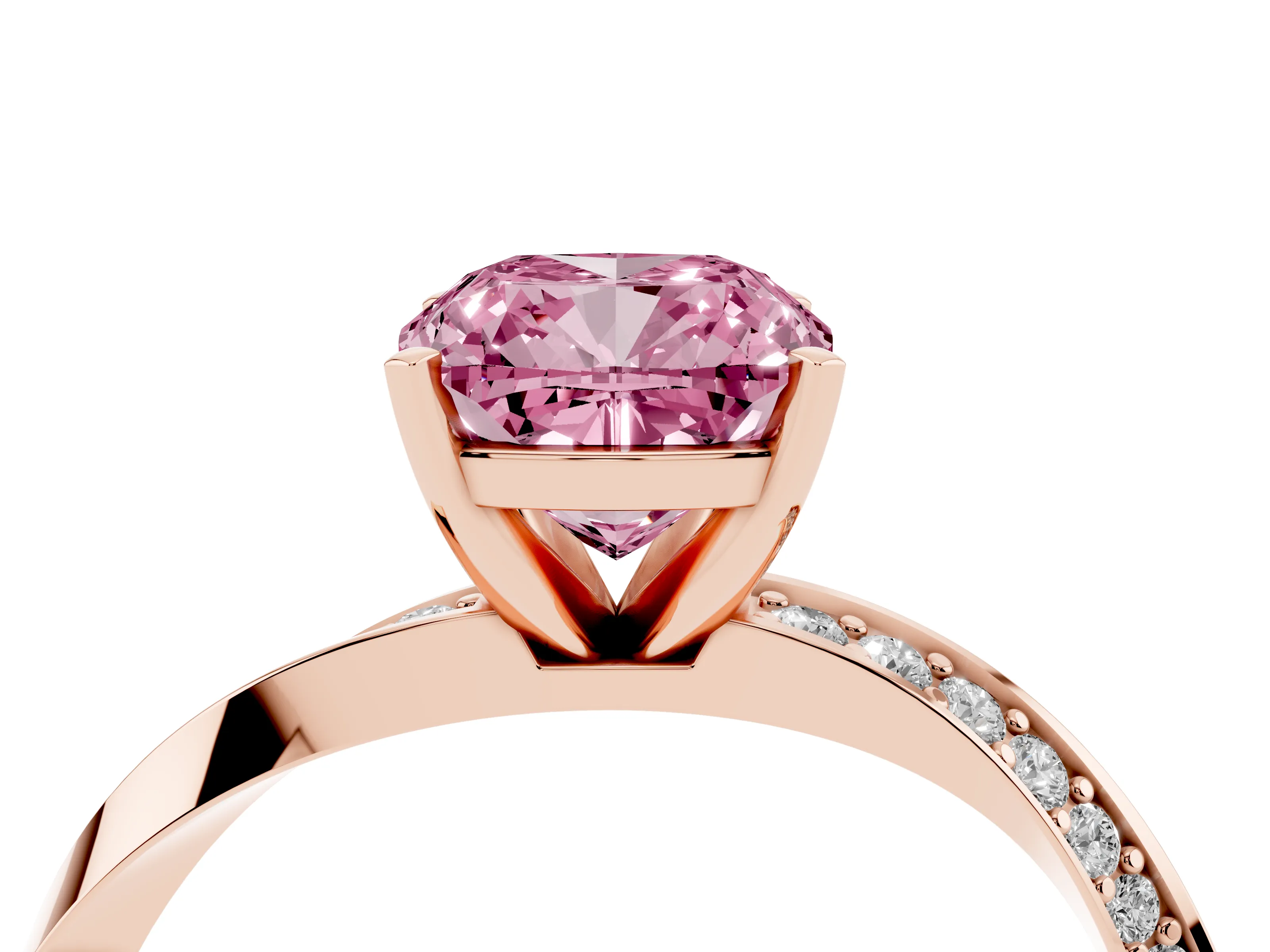 Fancy Pink Cushion Cut Diamond Engagement Ring Set in Rose gold with Side Stone Accents and Prong Setting