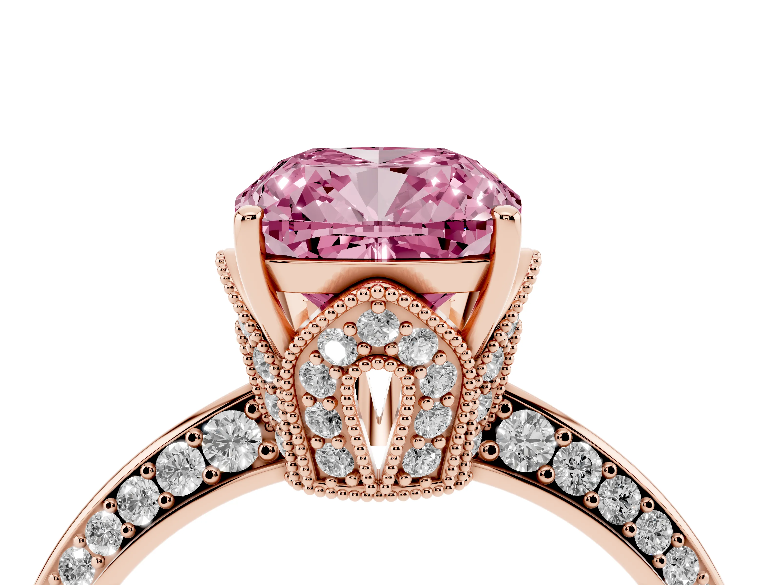 Fancy Pink Cushion Cut Diamond Solitaire Engagement Ring Set in Rose gold with Pavé Split Shank and Prong Setting