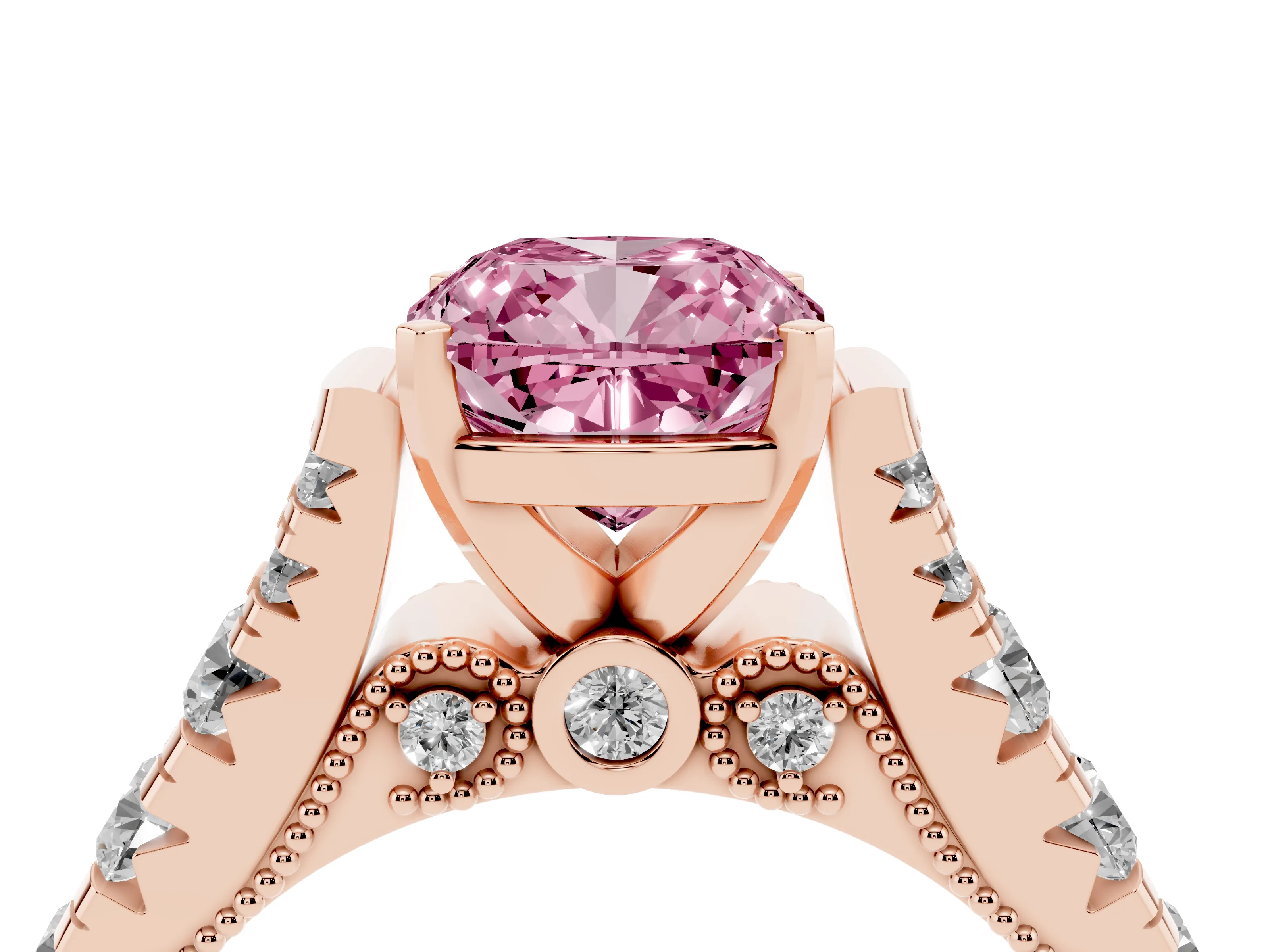 Fancy Pink Cushion Cut Diamond Classic Solitaire Ring Set in Rose gold with Pavé Band and Prong Setting