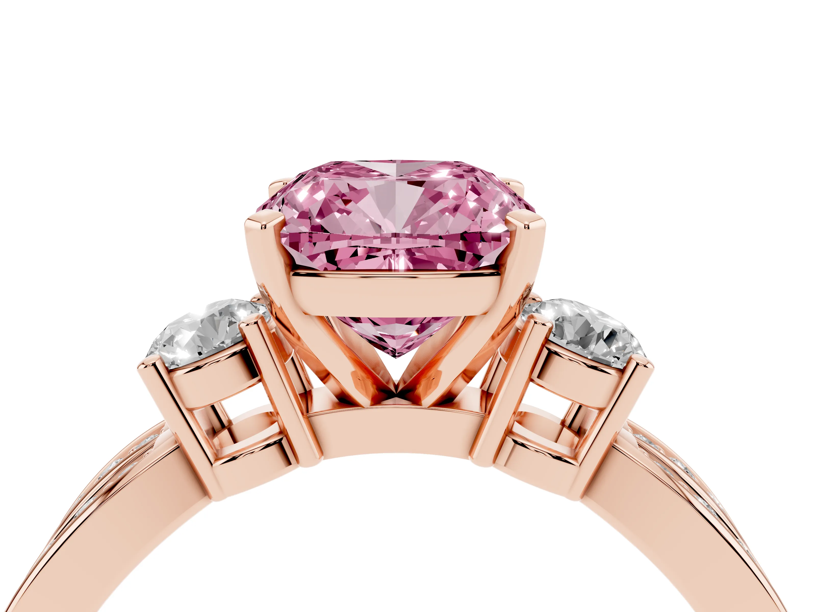 Fancy Pink Three-Stone Cushion Cut Diamond Twist Band Ring Set in Rose gold with Pavé Accents and Prong Setting