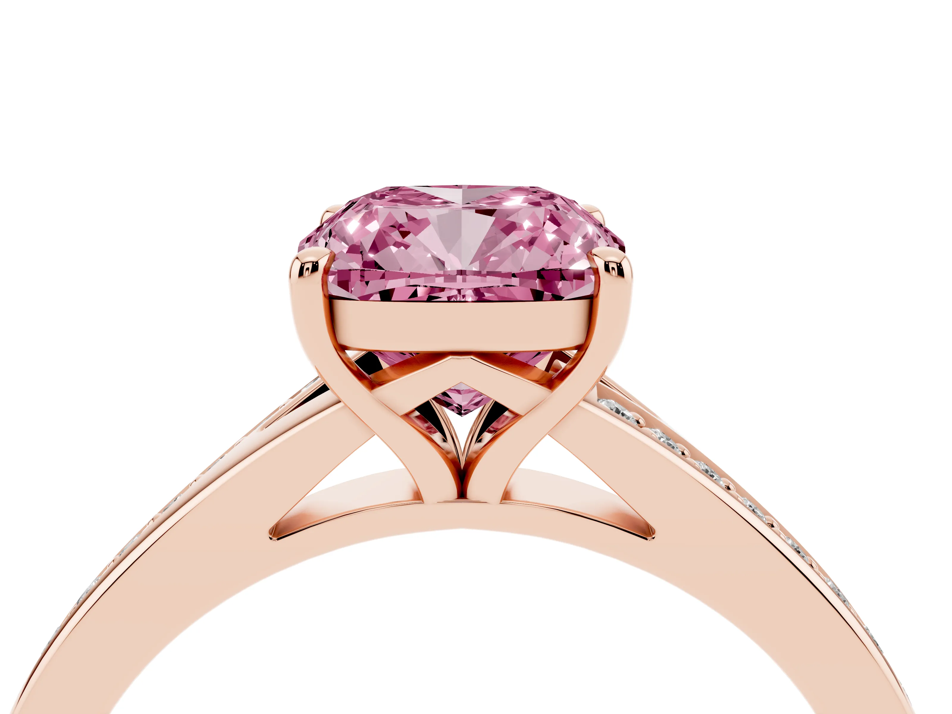 Fancy Pink Cushion Cut Diamond Solitaire Ring Set in Rose gold with Pavé Accent Band and Classic Prong Setting