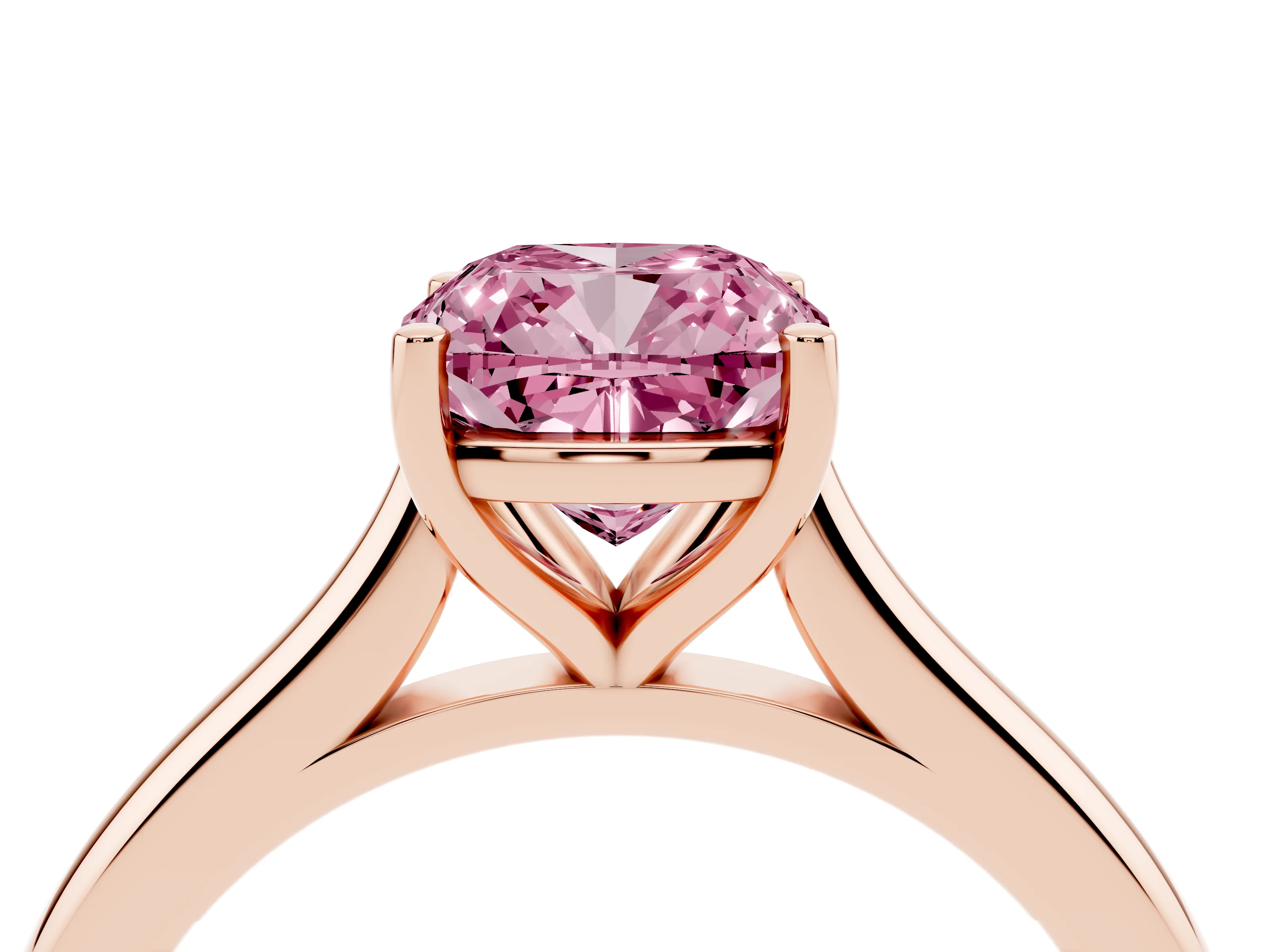 Fancy Pink Cushion Cut Diamond Solitaire Ring Set in Rose gold with Cathedral Band and Prong Setting