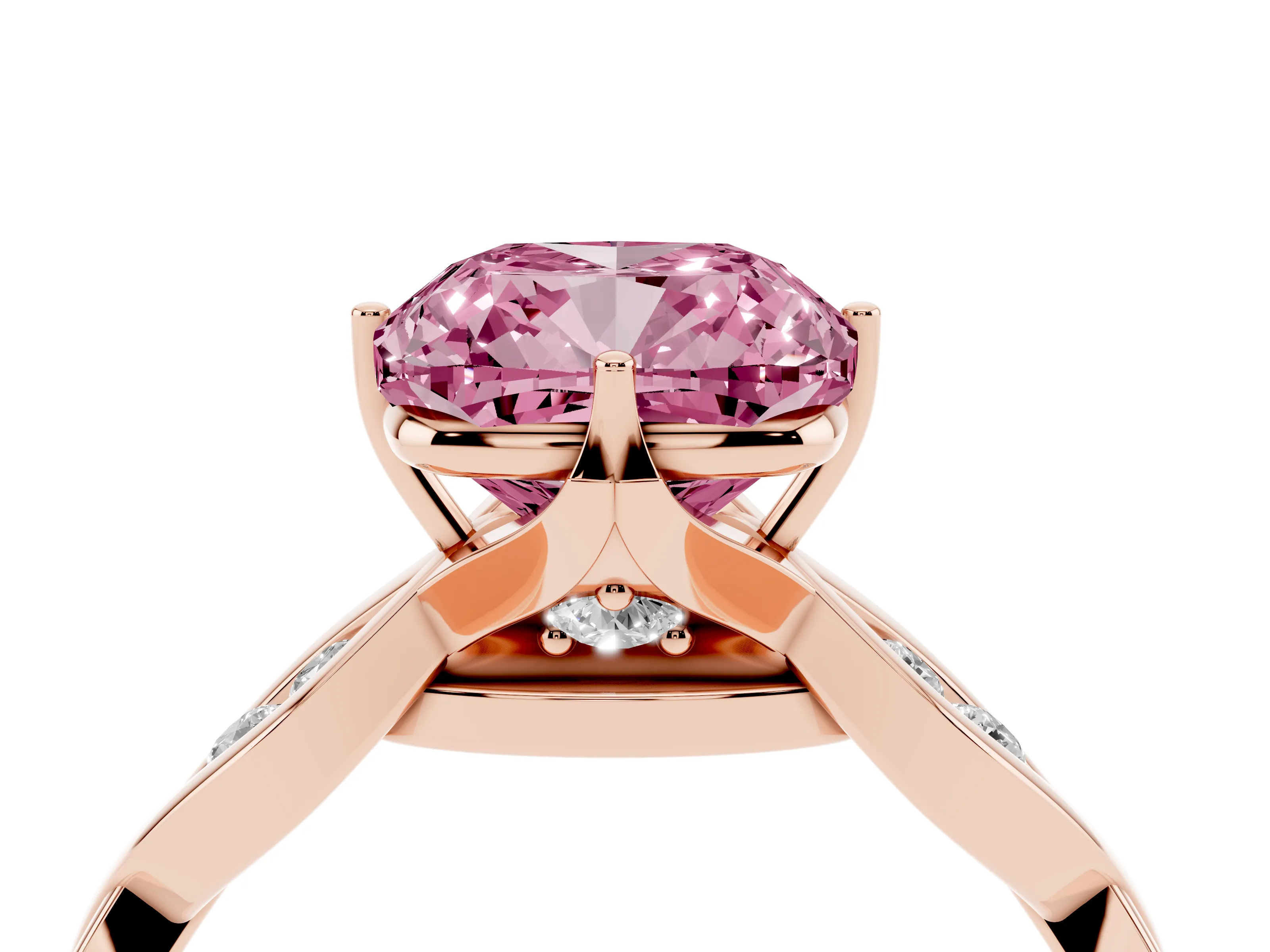 Fancy Pink Cushion Cut Diamond Twist Band Solitaire Ring Set in Rose gold with Leaf Prong Setting and Accent Stones