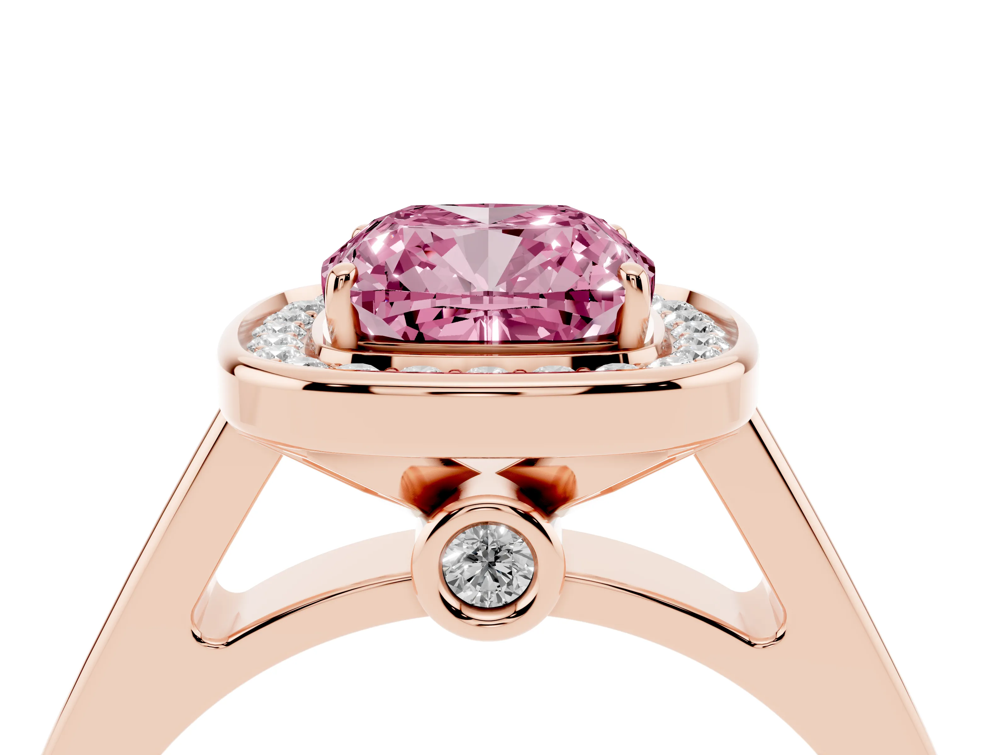 Fancy Pink Cushion Cut Diamond Halo Solitaire Ring Set in Rose gold with Pavé Band and Bezel Setting