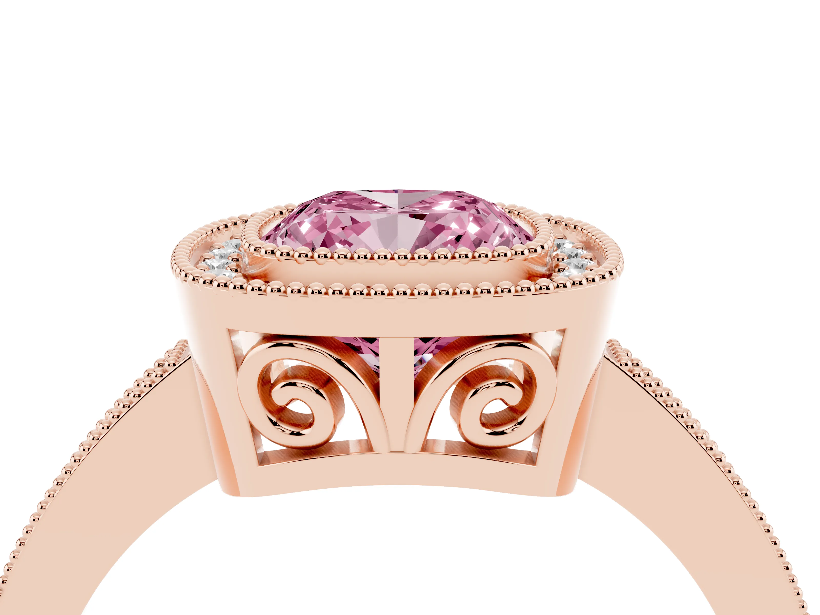 Fancy Pink Cushion Cut Diamond Round Halo Ring Set in Rose gold with Pavé Band