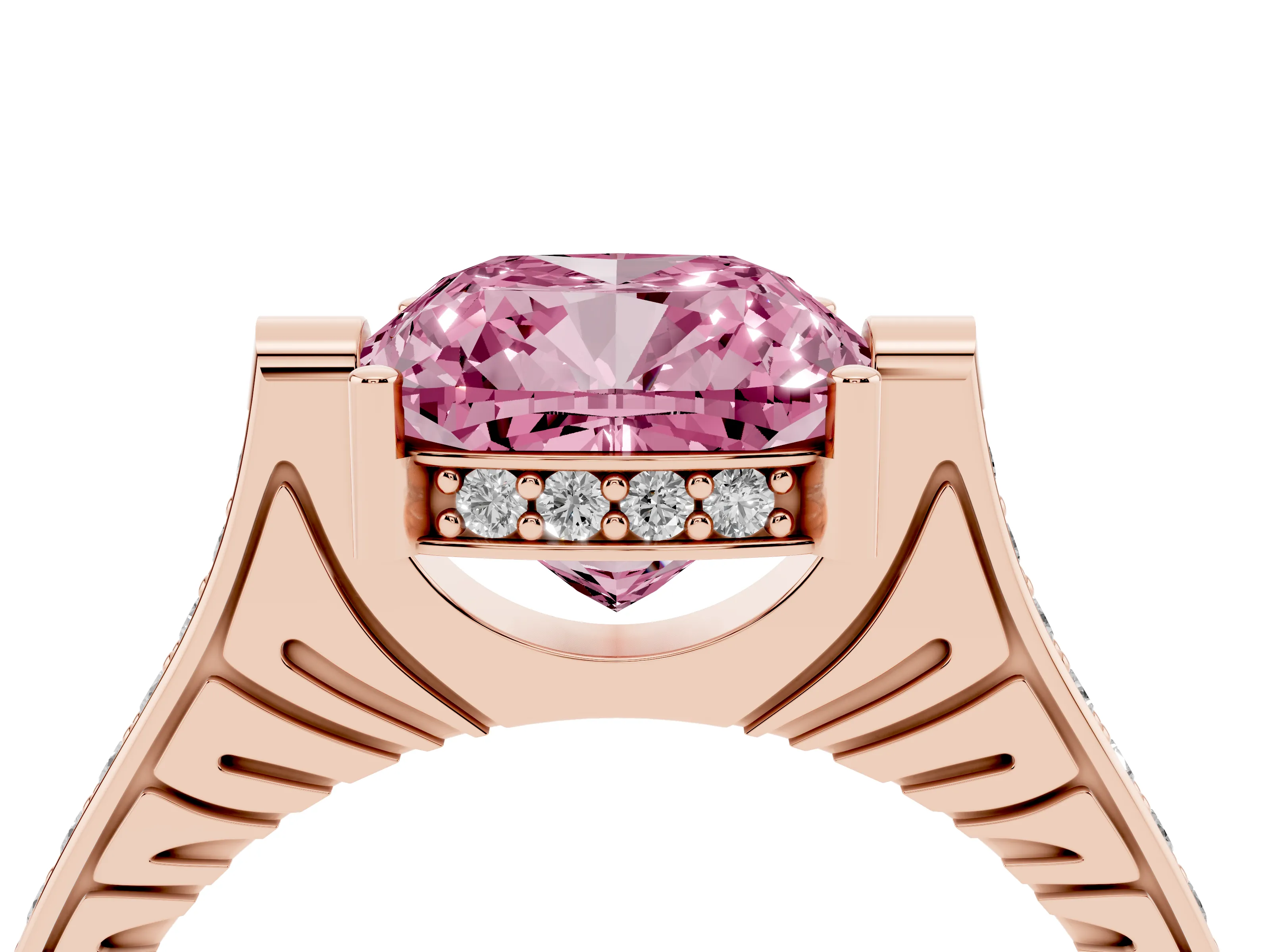 Fancy Pink Cushion Cut Diamond Solitaire Ring Set in Rose gold with Channel Set Band and Bezel Prong Setting