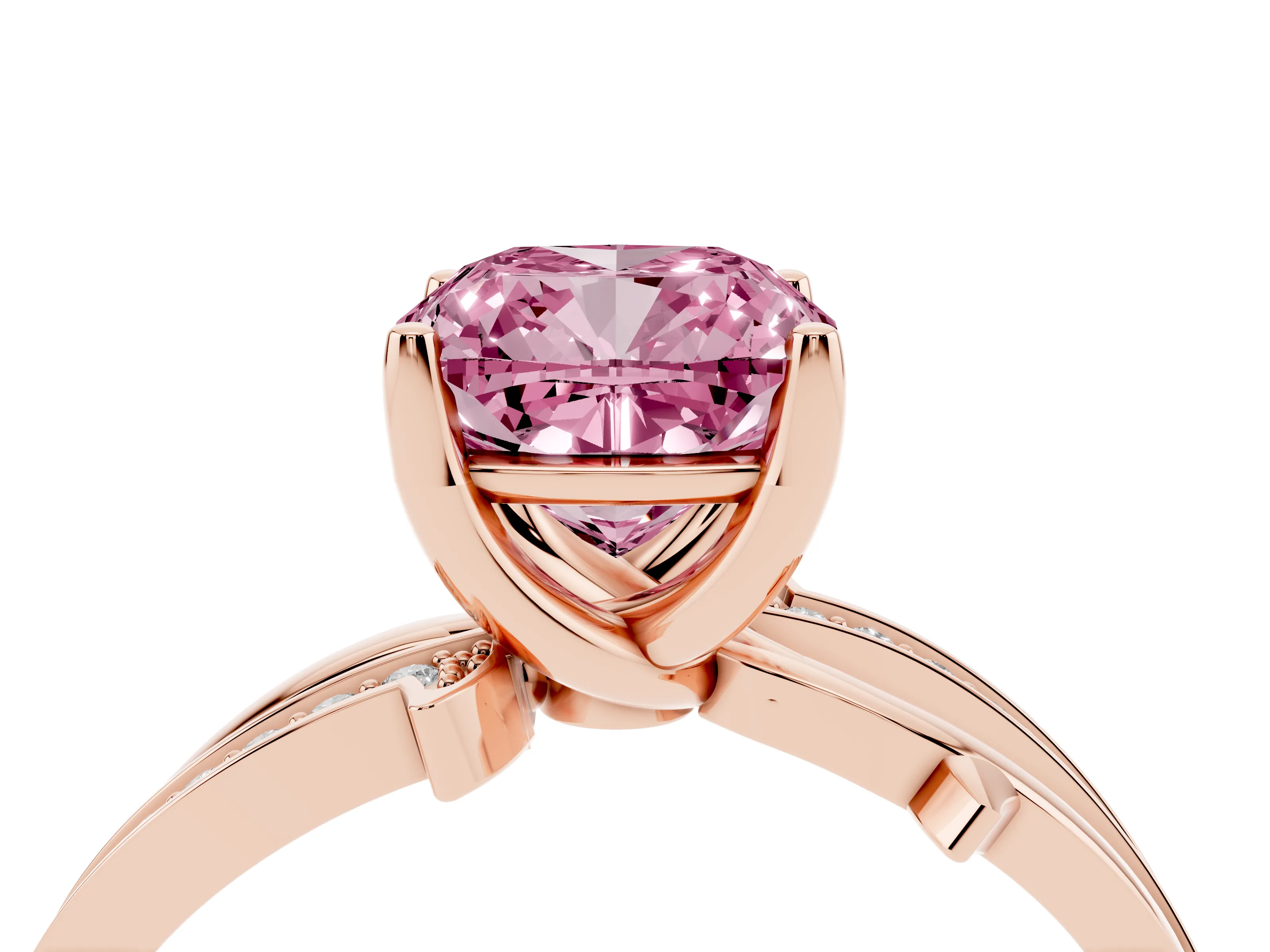 Fancy Pink Cushion Cut Diamond Pavé Twist Band Solitaire Ring Set in Rose gold with Prong Setting