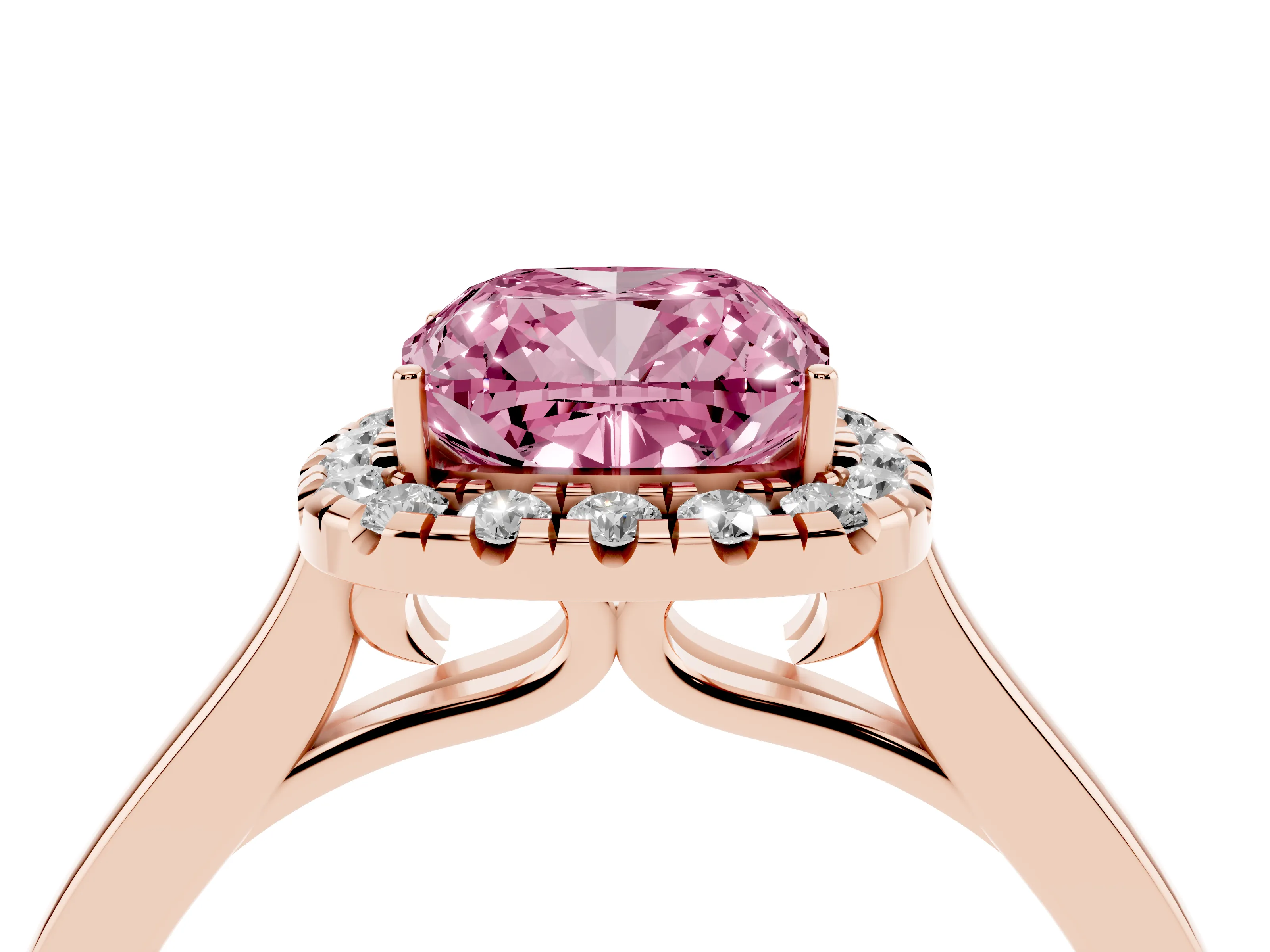 Fancy Pink Cushion Cut Halo Round Diamond Solitaire Ring Set in Rose gold with Pavé Band and Prong Setting