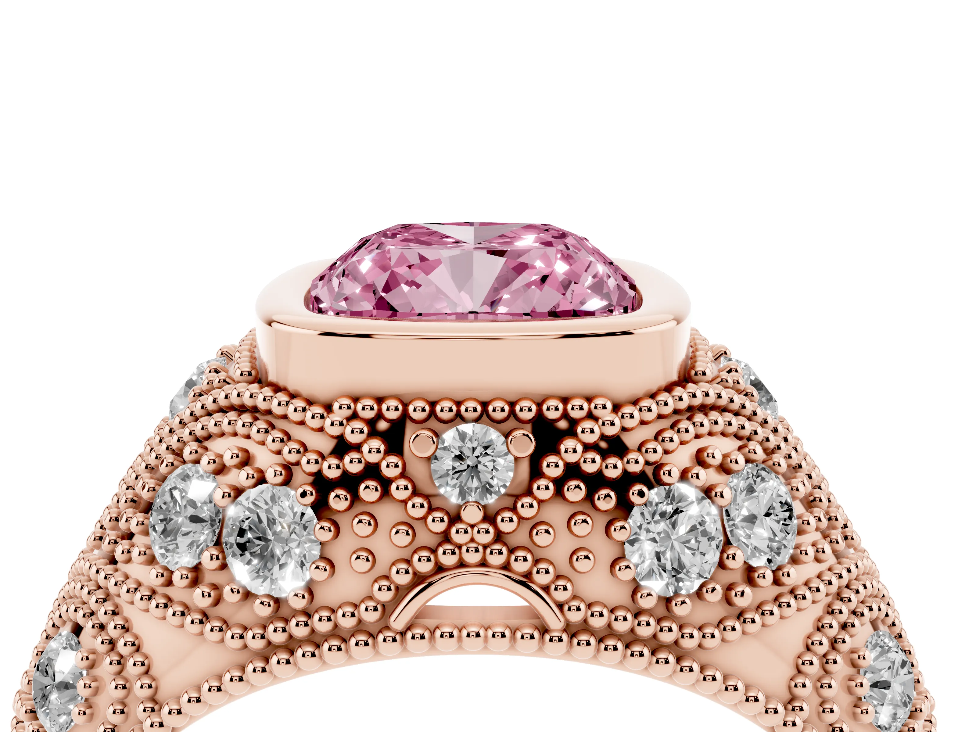 Fancy Pink Cushion Cut Diamond Bezel Ring Set in Rose gold with Milgrain Accent Band