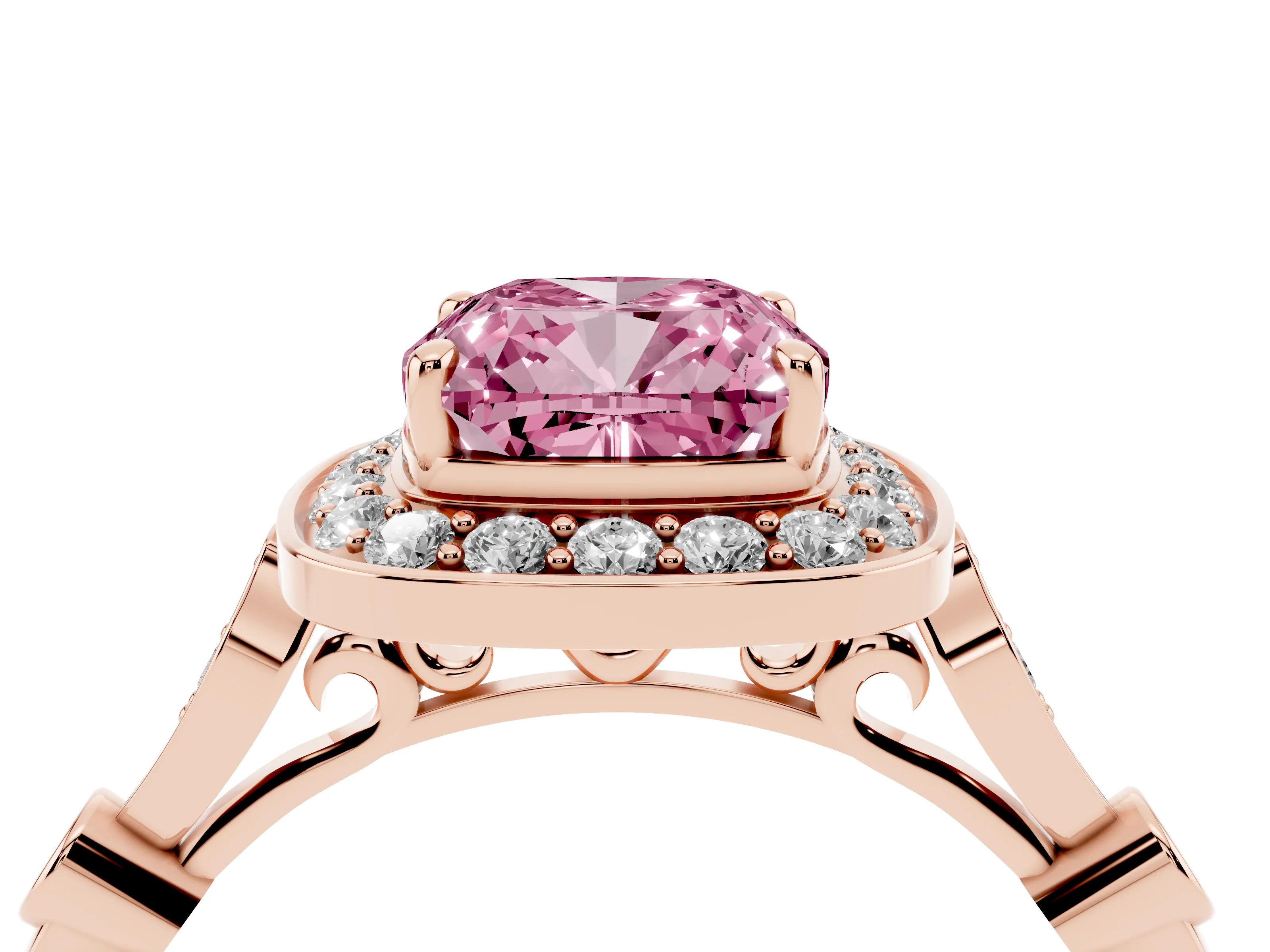 Fancy Pink Cushion Cut Diamond Halo Engagement Ring Set in Rose gold with Twisted Band and Prong Setting