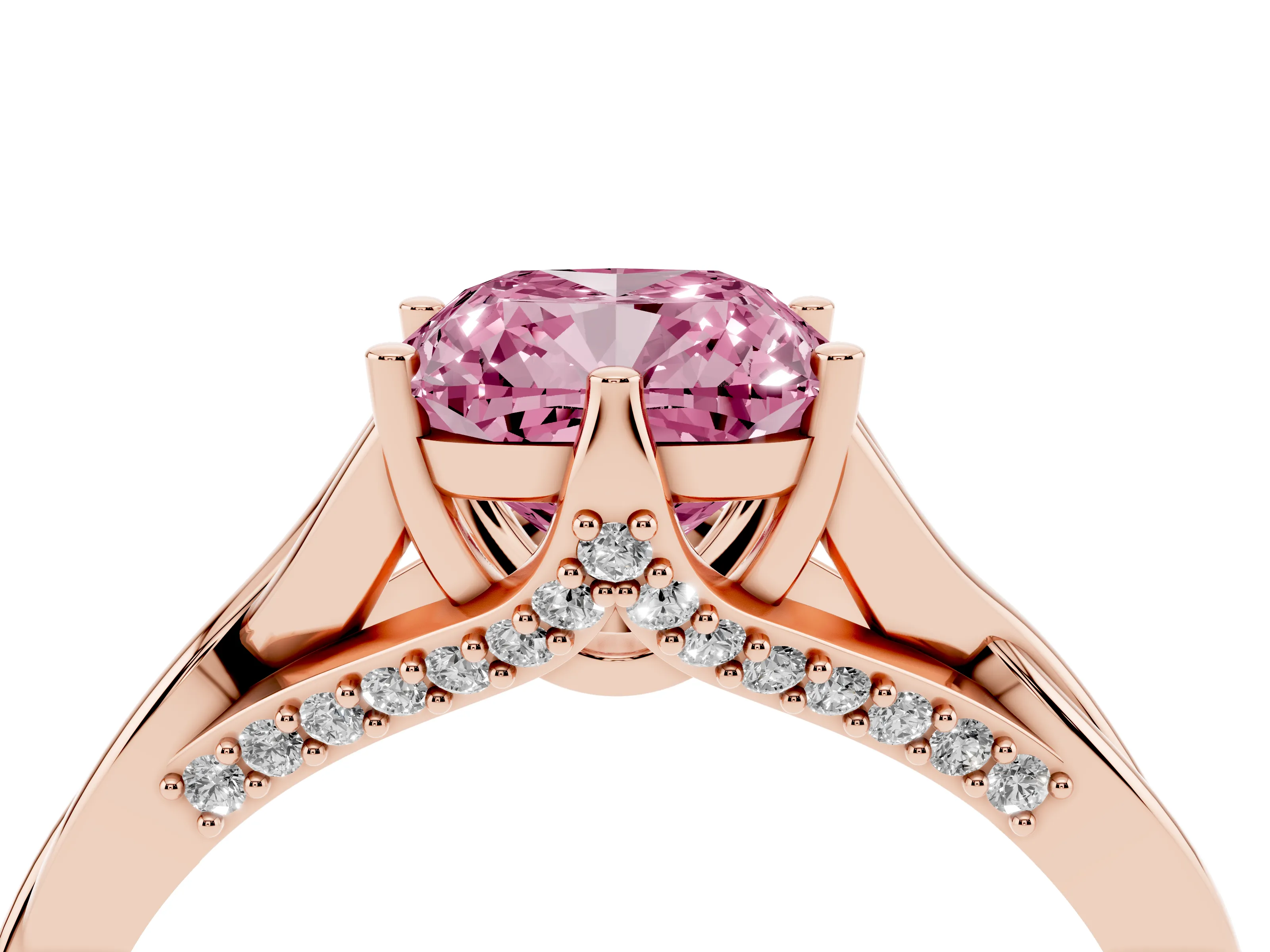 Fancy Pink Cushion Cut Diamond Intertwined Twist Band Solitaire Ring Set in Rose gold with Prong Setting