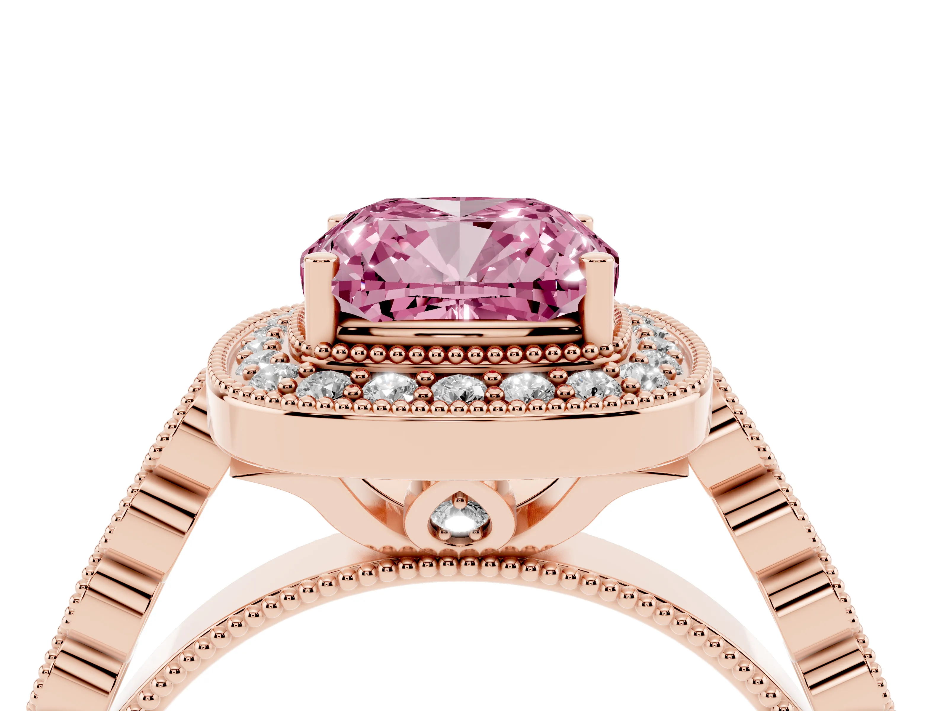 Fancy Pink Cushion Cut Diamond Milgrain Halo Solitaire Ring Set in Rose gold with Bezel Set Side Stones and Pavé Band