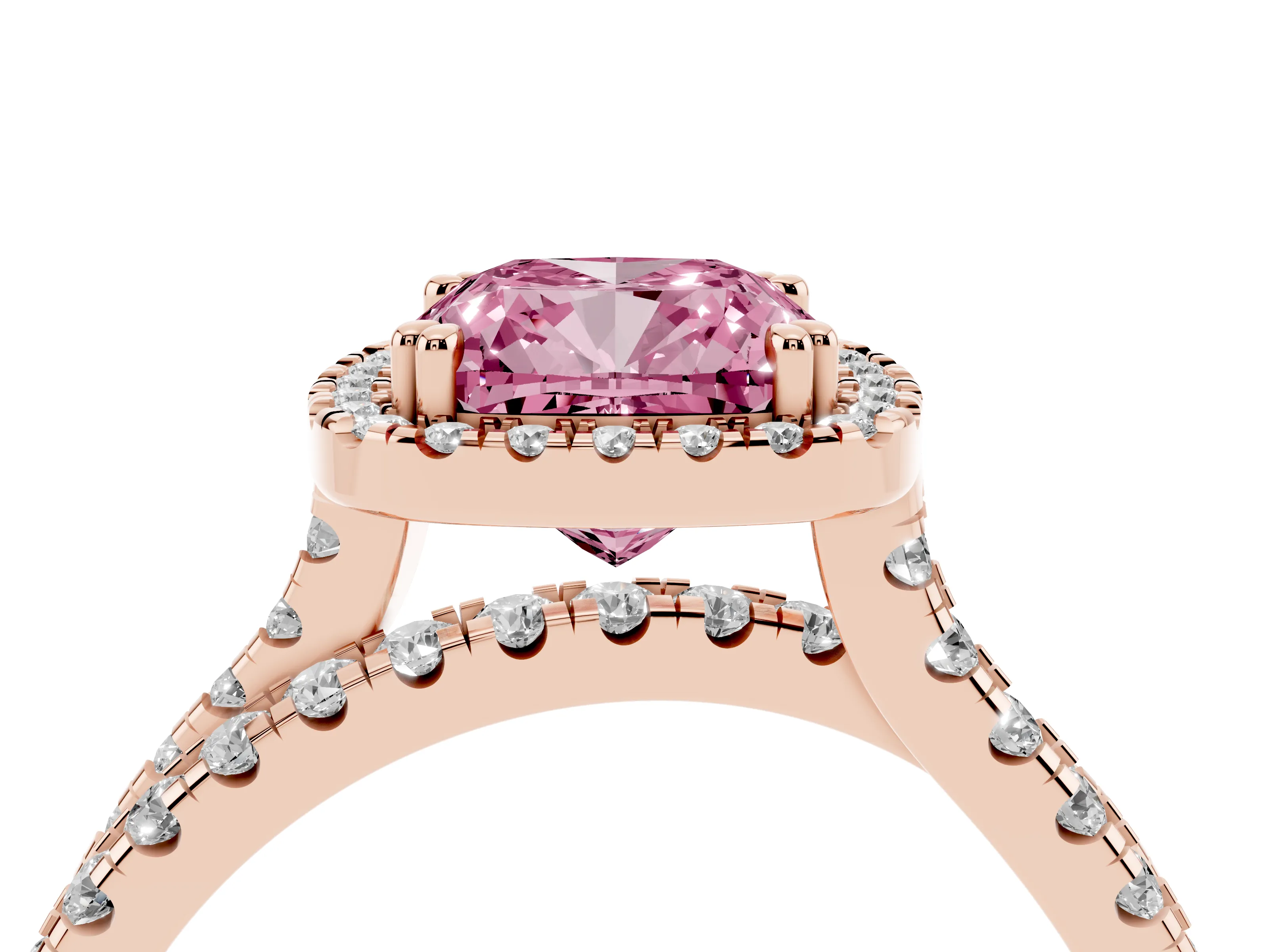 Fancy Pink Cushion Cut Diamond Halo Split Shank Ring Set in Rose gold with Pavé Setting