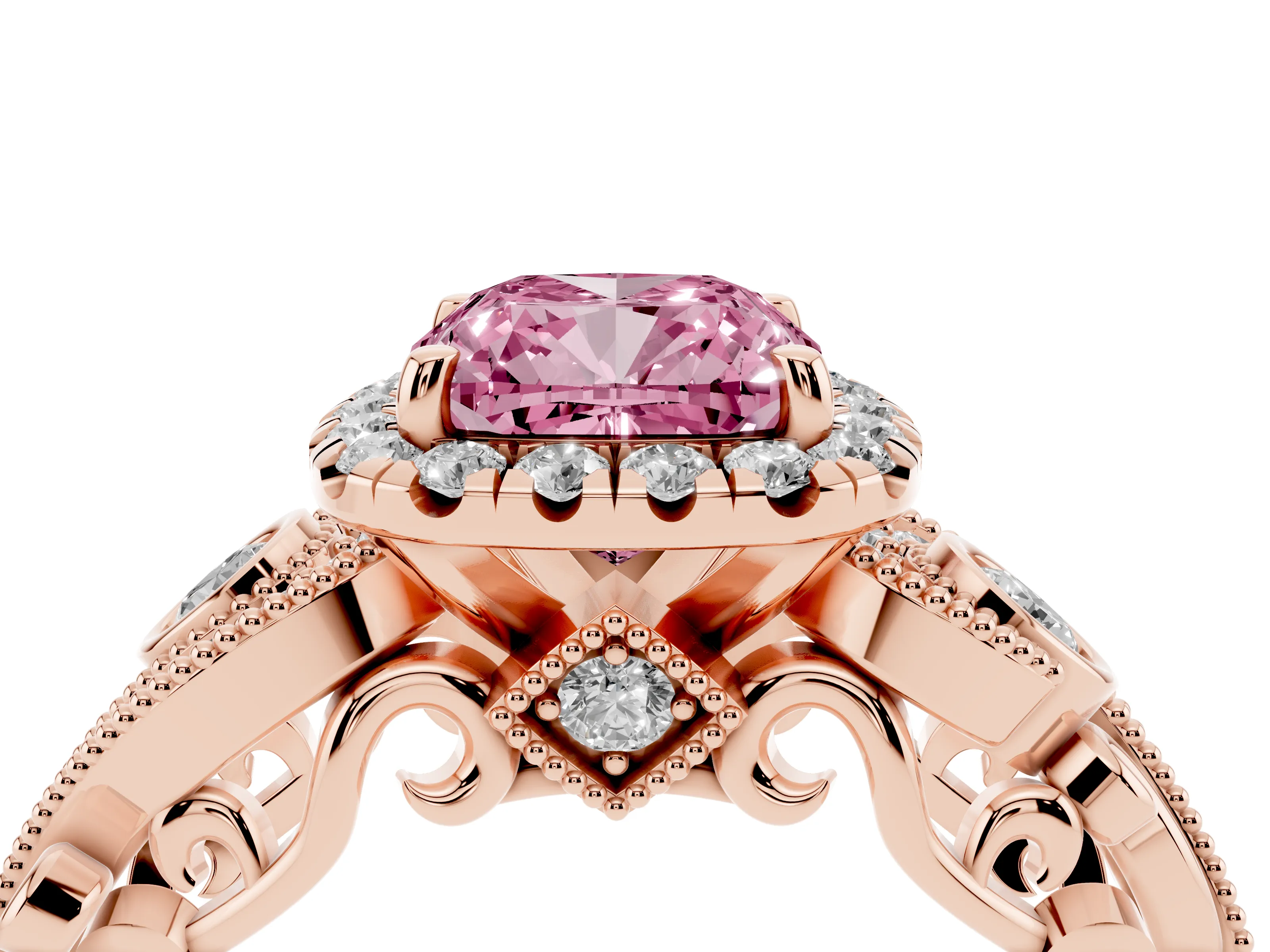 Fancy Pink Cushion Cut Diamond Halo Ring Set in Rose gold with Milgrain Pavé Band and Prong Setting
