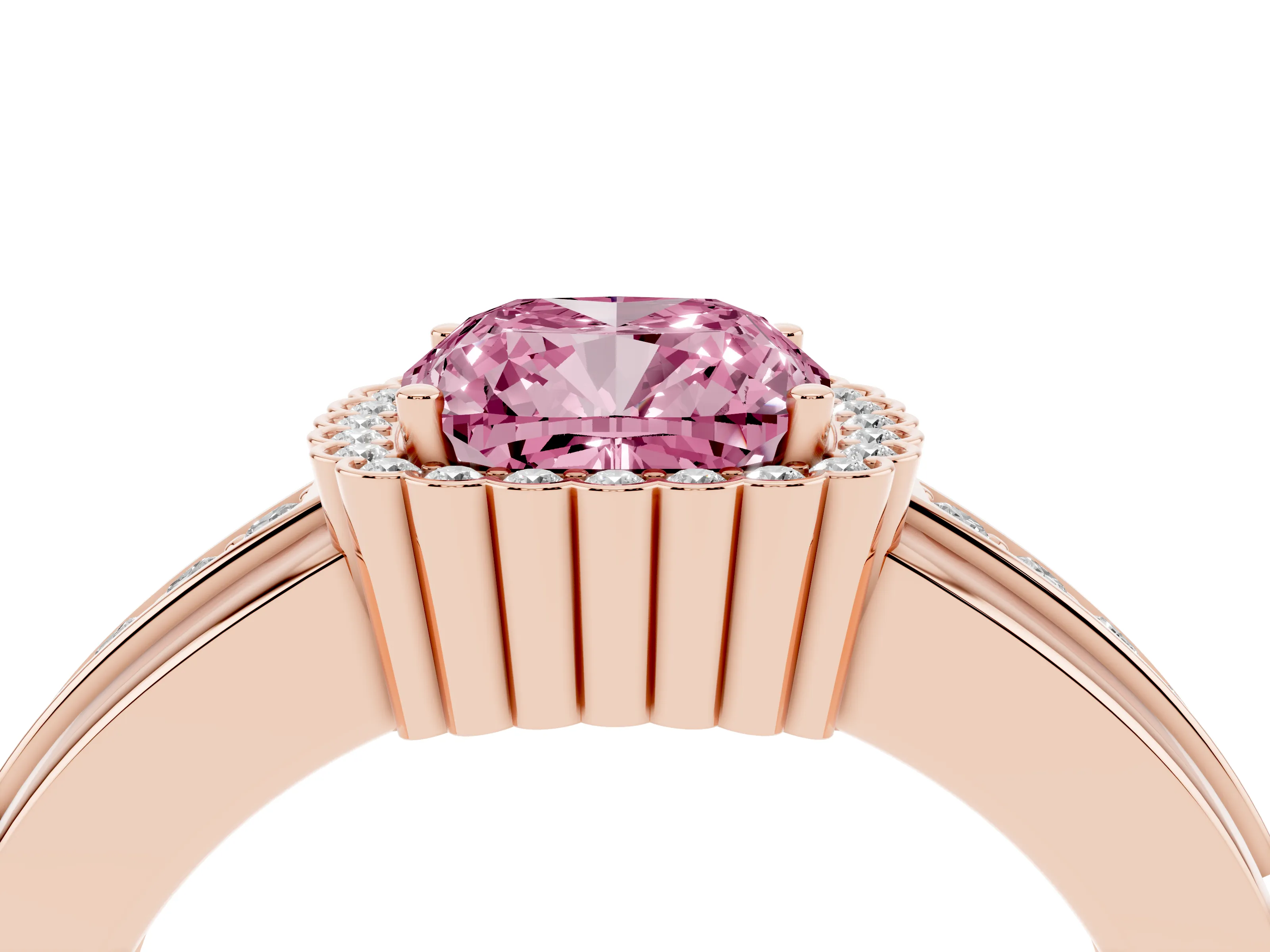 Fancy Pink Cushion Cut Diamond Halo Prong Ring Set in Rose gold with Pavé Band