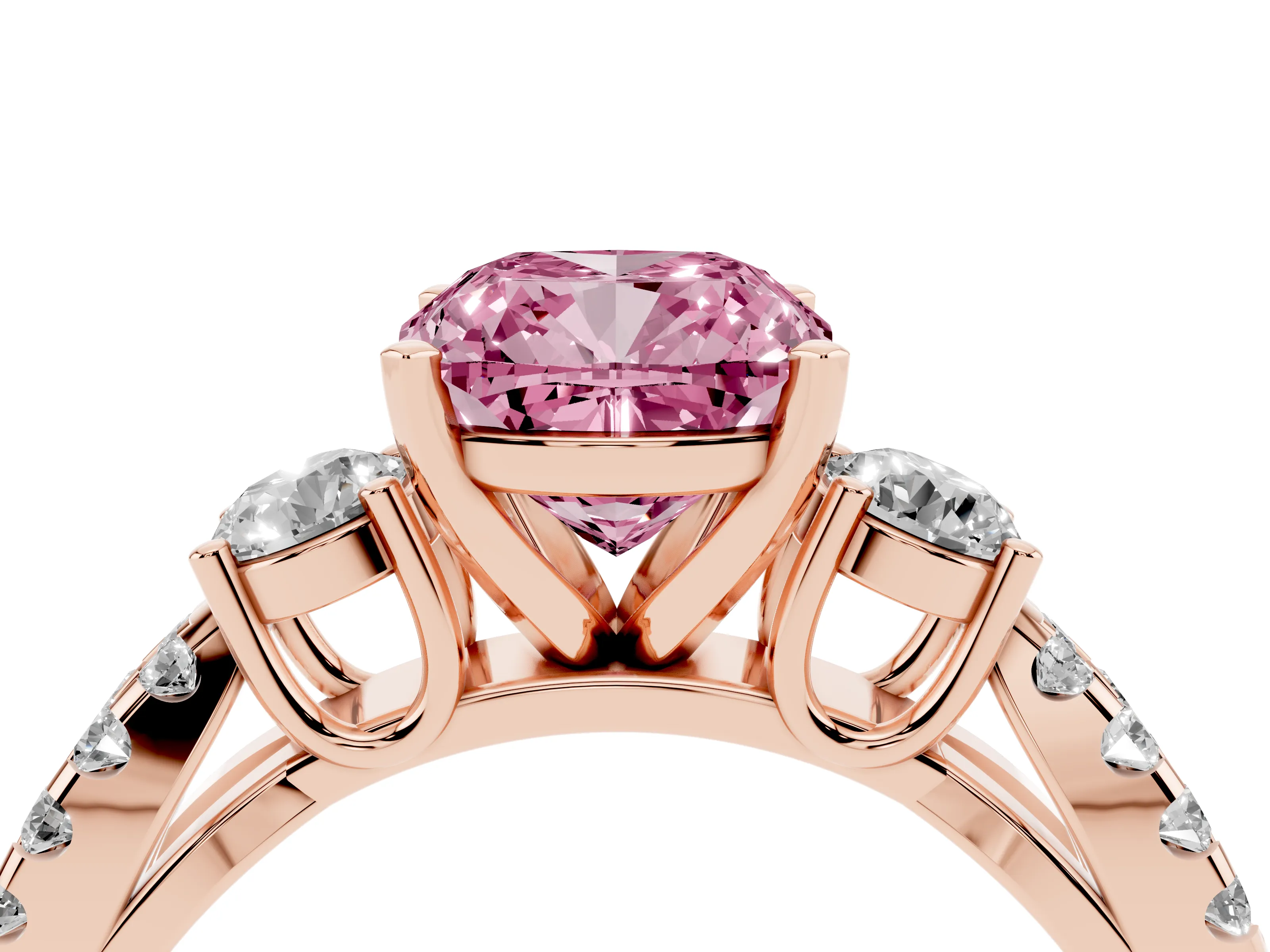 Fancy Pink Cushion Cut Diamond Three-Stone Ring Set in Rose gold with Pavé Split Shank and Prong Setting