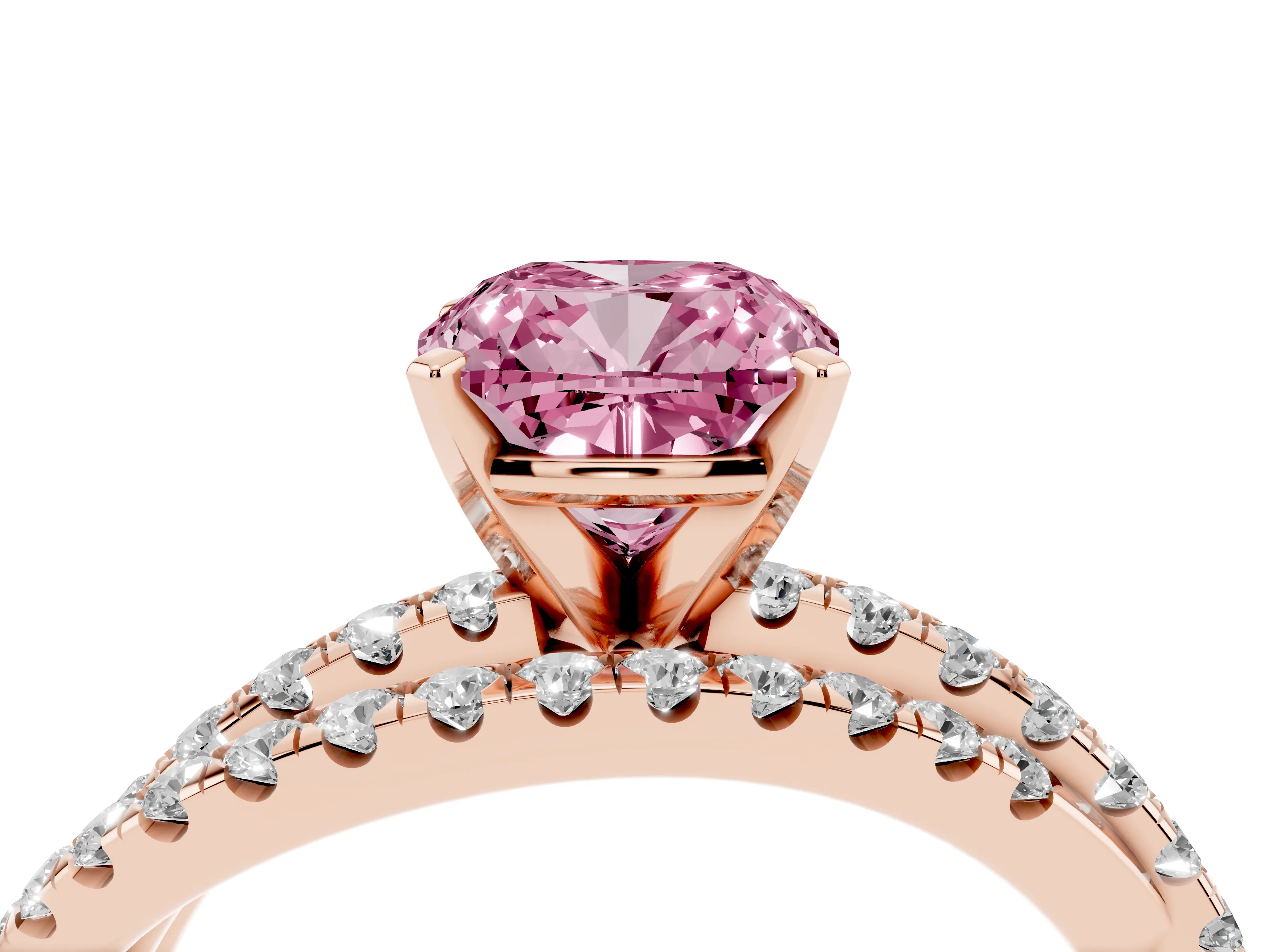 Fancy Pink Cushion Cut Diamond Solitaire Twist Band Ring Set in Rose gold with Pavé Setting and Prong Head