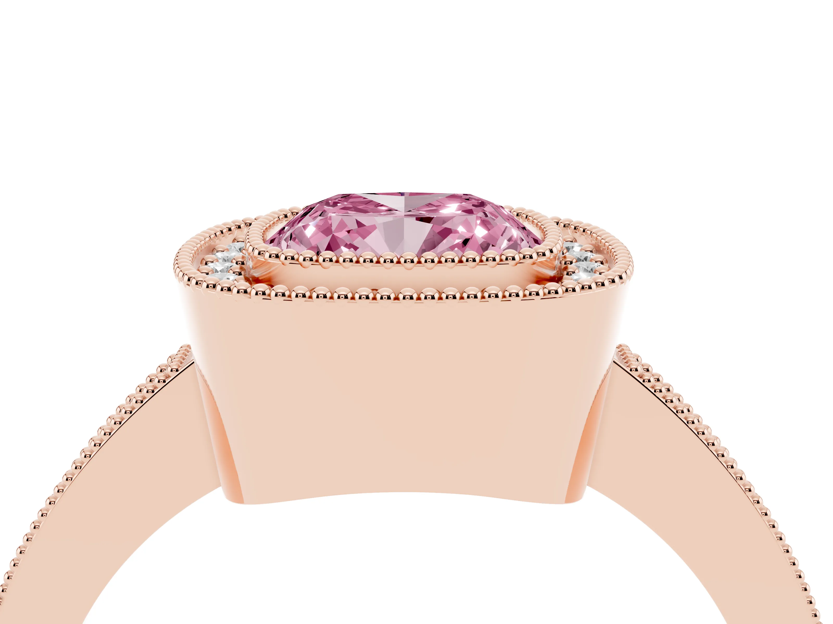 Fancy Pink Cushion Cut Diamond Halo Engagement Ring Set in Rose gold with Pavé Band and Round Halo Stones