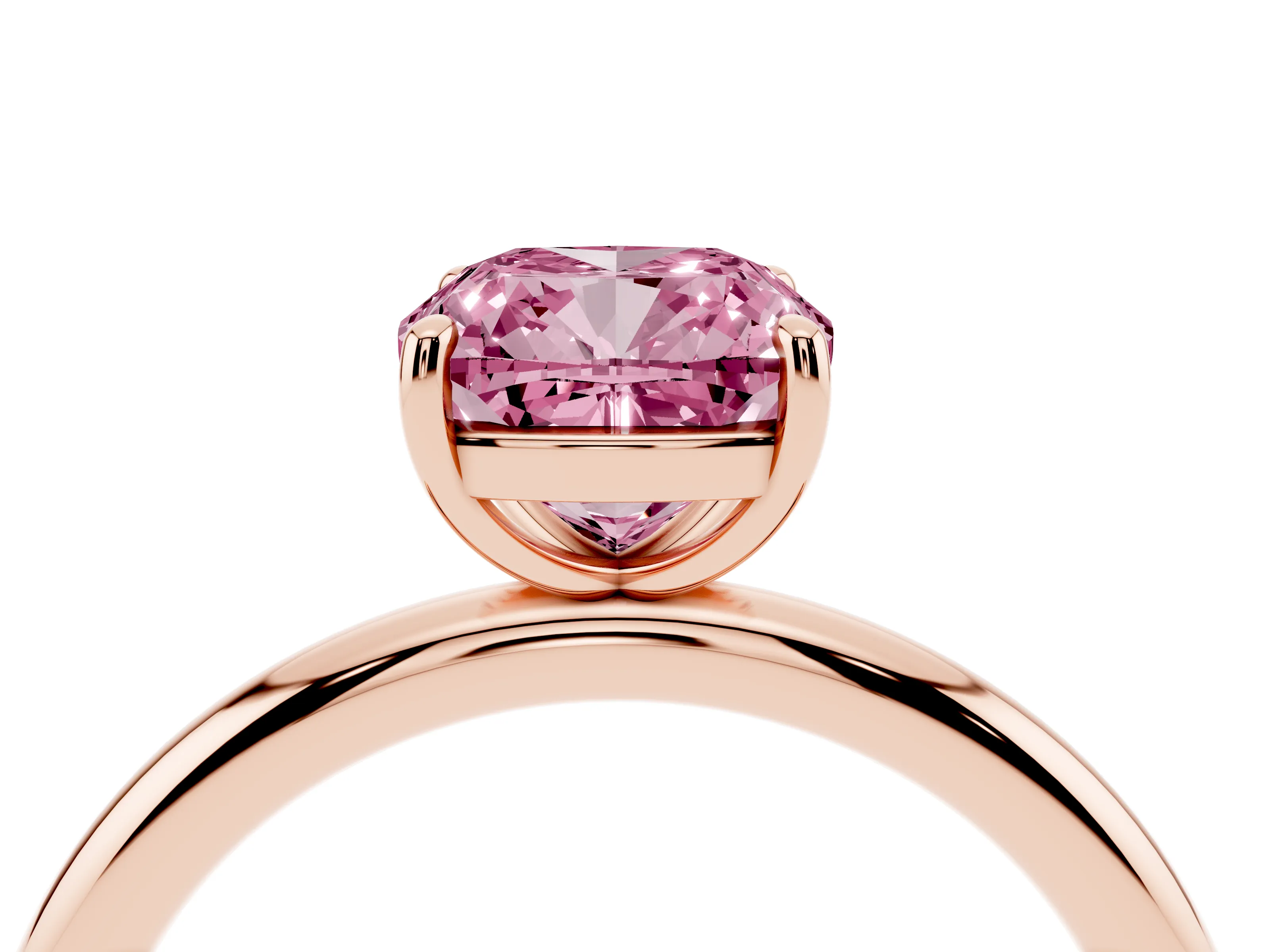 Fancy Pink Cushion Cut Diamond Solitaire Ring Set in Rose gold with Prong Setting on a Polished Plain Band