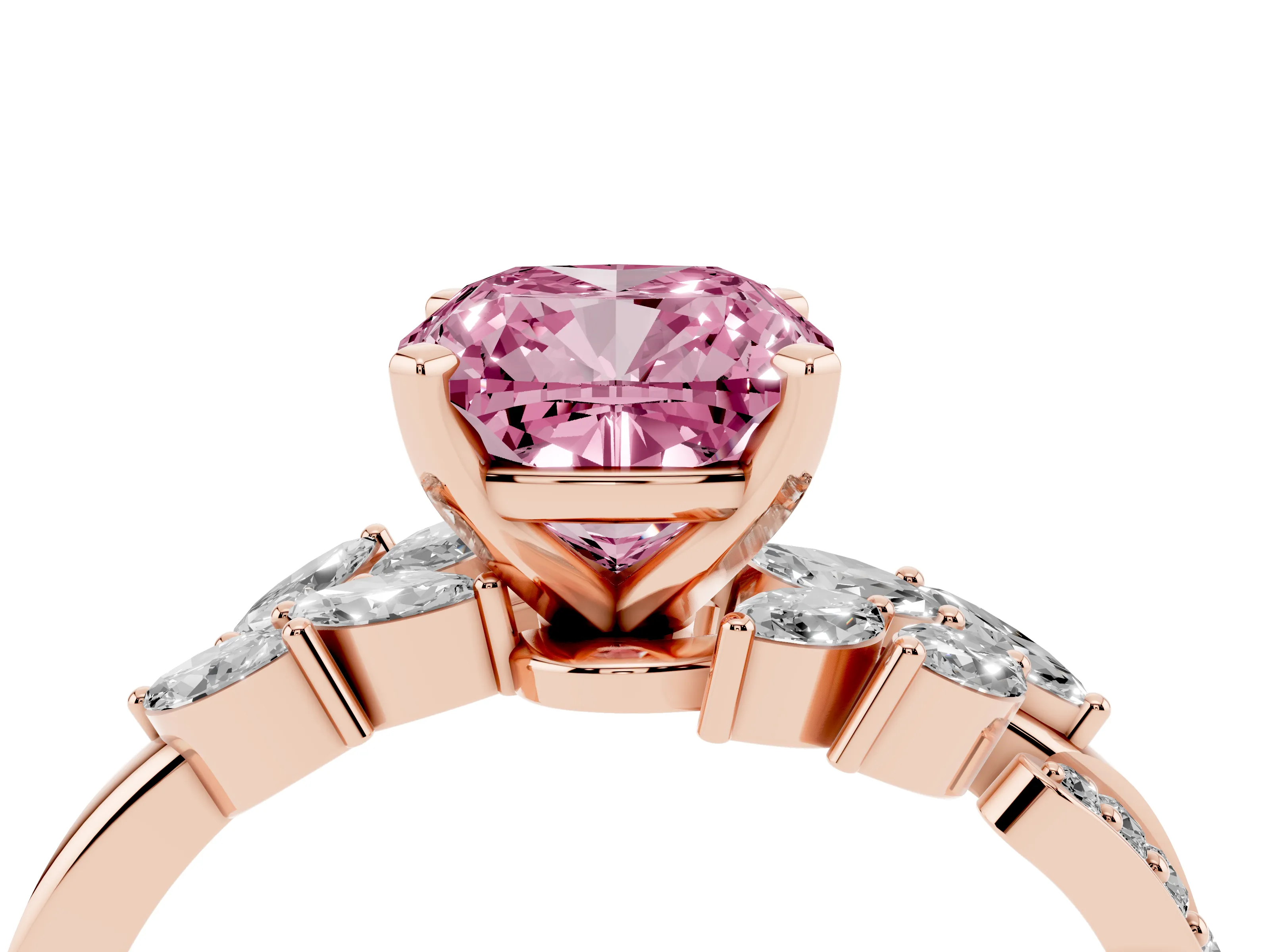 Fancy Pink Cushion Cut Diamond Solitaire Ring Set in Rose gold with Marquise Twist Band and Prong Setting