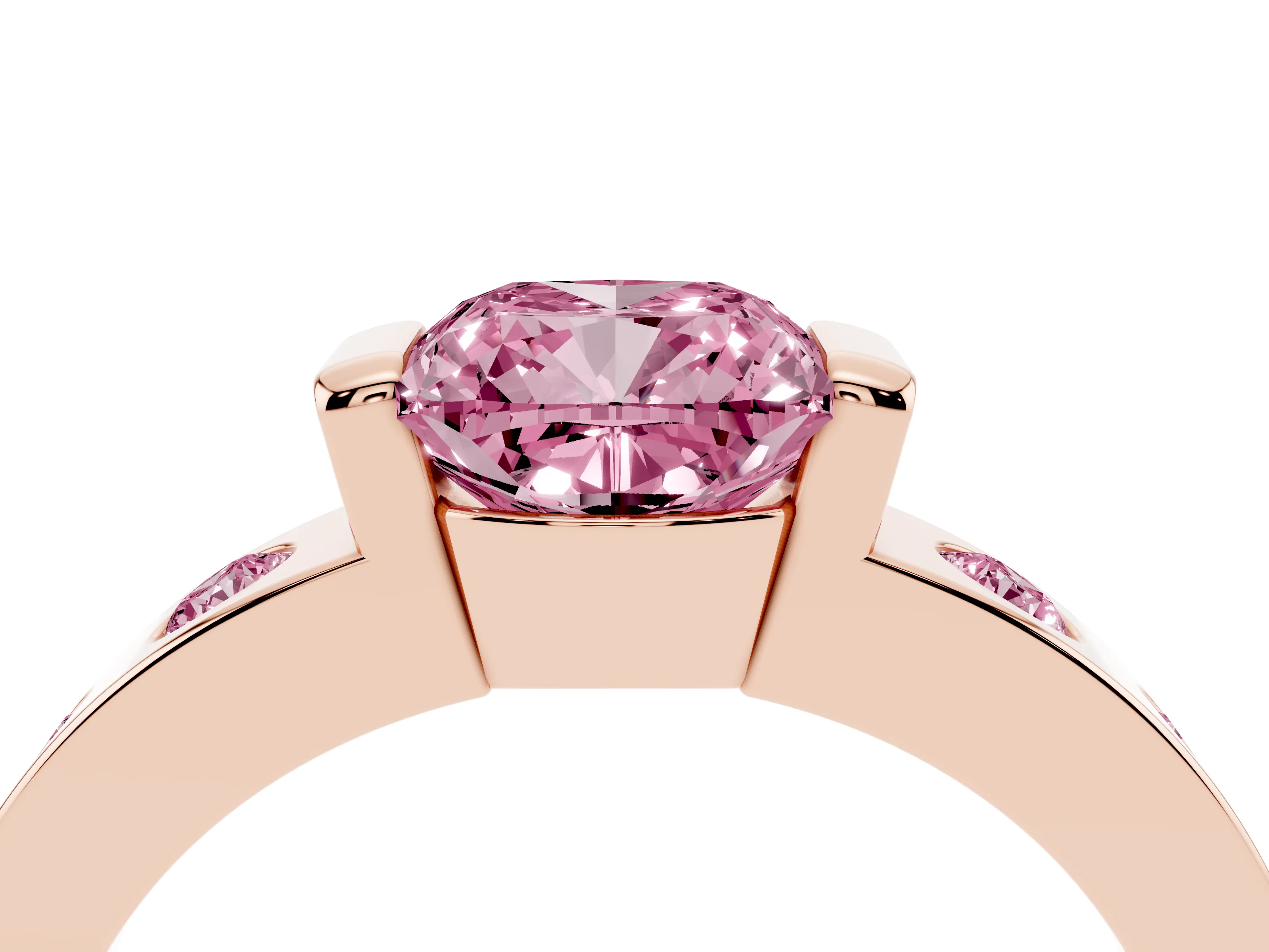 Fancy Pink Cushion Cut Diamond Channel-Set Band Ring Set in Rose gold with Bezel Prong Setting