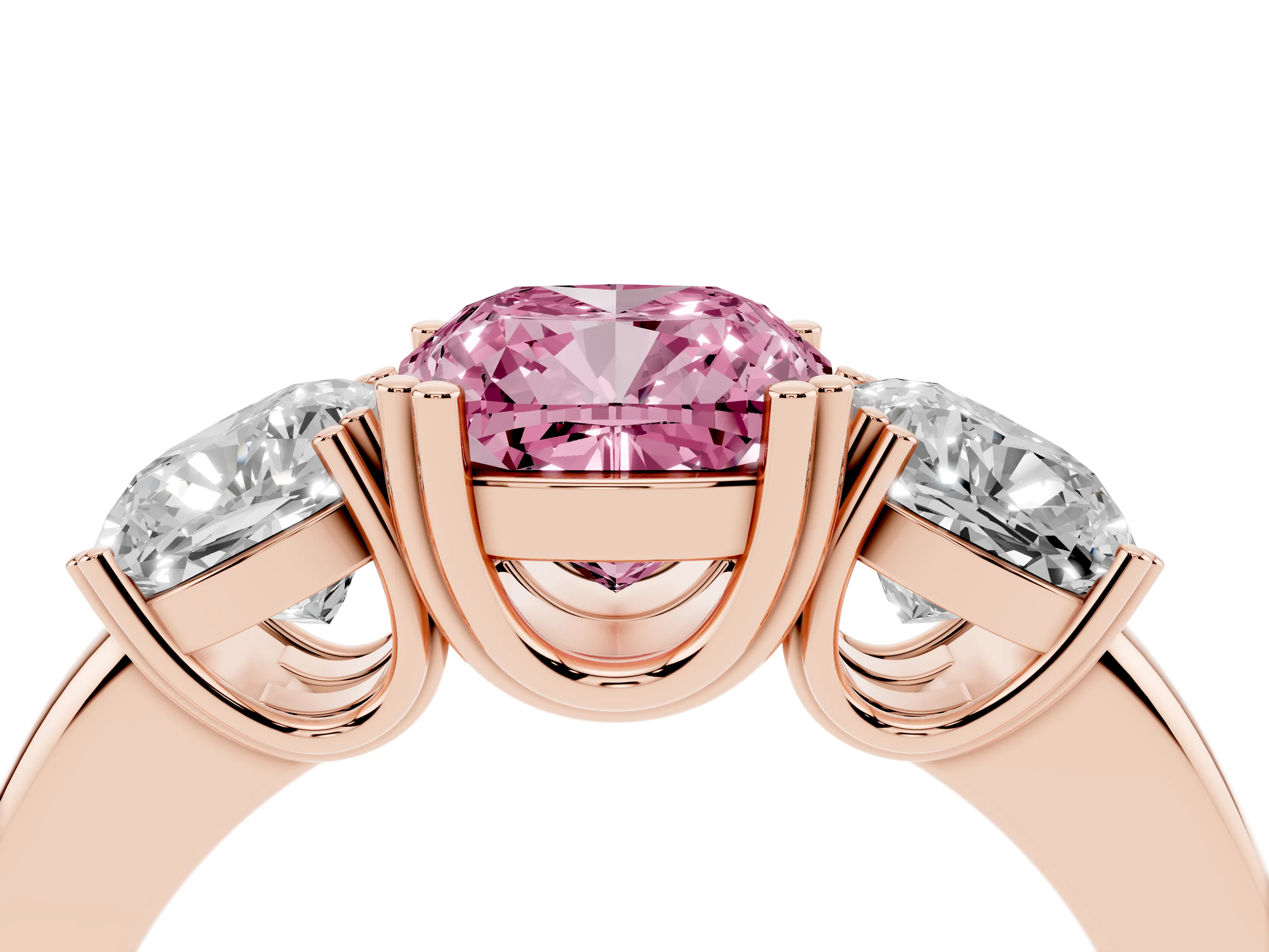 Fancy Pink Cushion Cut Diamond Three-Stone Ring Set in Rose gold with Polished Band and Prong Setting