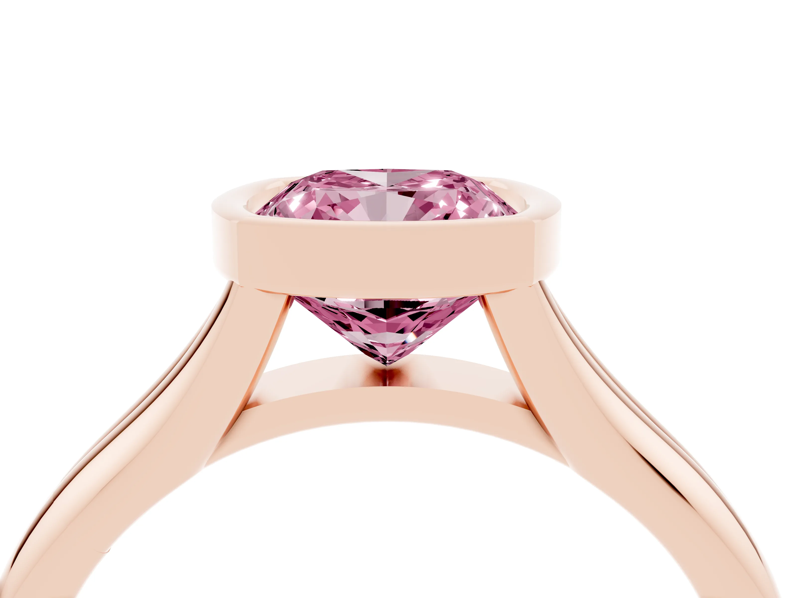 Fancy Pink Bezel Set Cushion Cut Diamond Solitaire Ring Set in Rose gold with Smooth Band