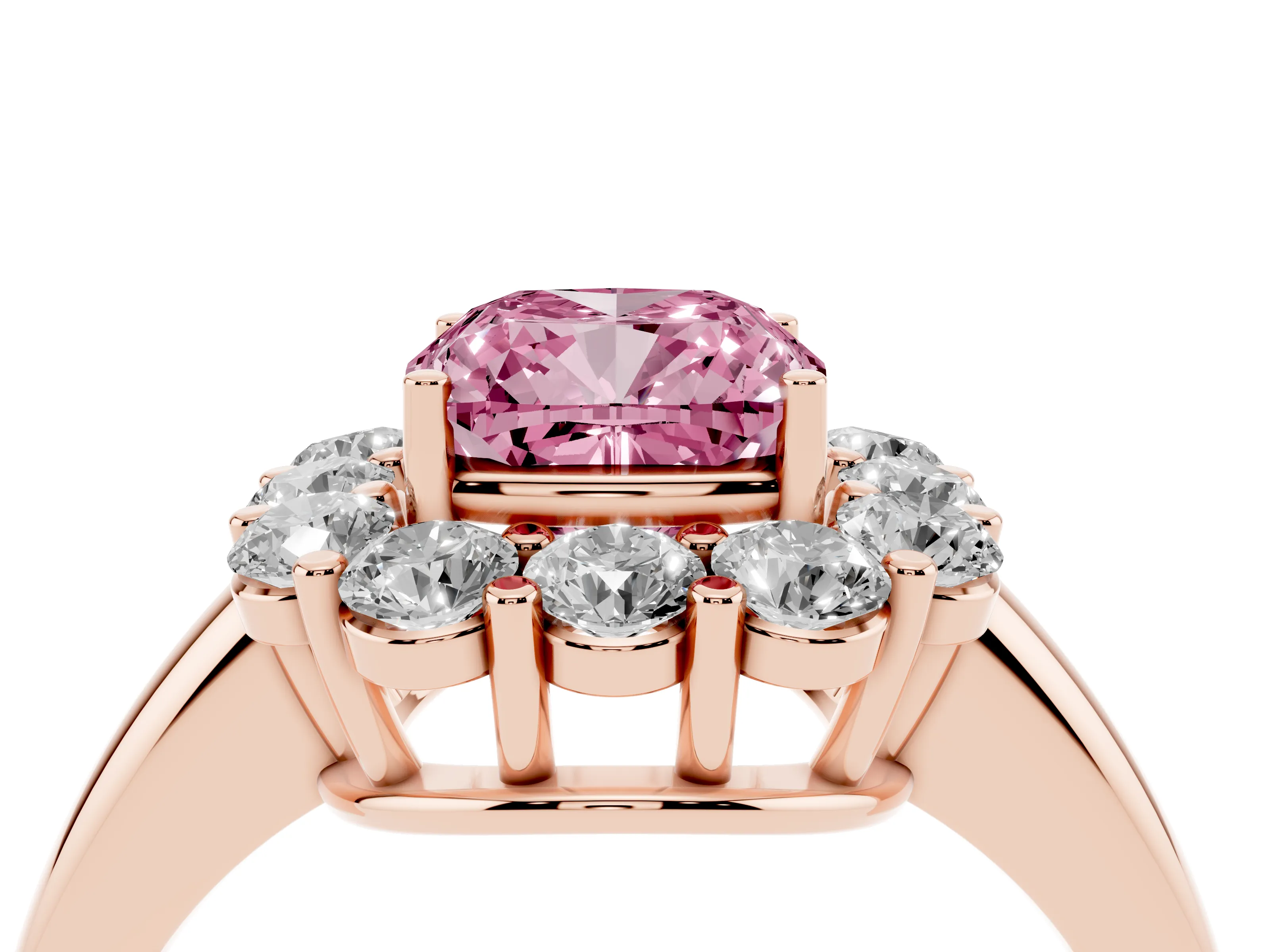 Fancy Pink Cushion Cut Diamond Halo Cluster Engagement Ring Set in Rose gold with Polished Band and Prong Setting