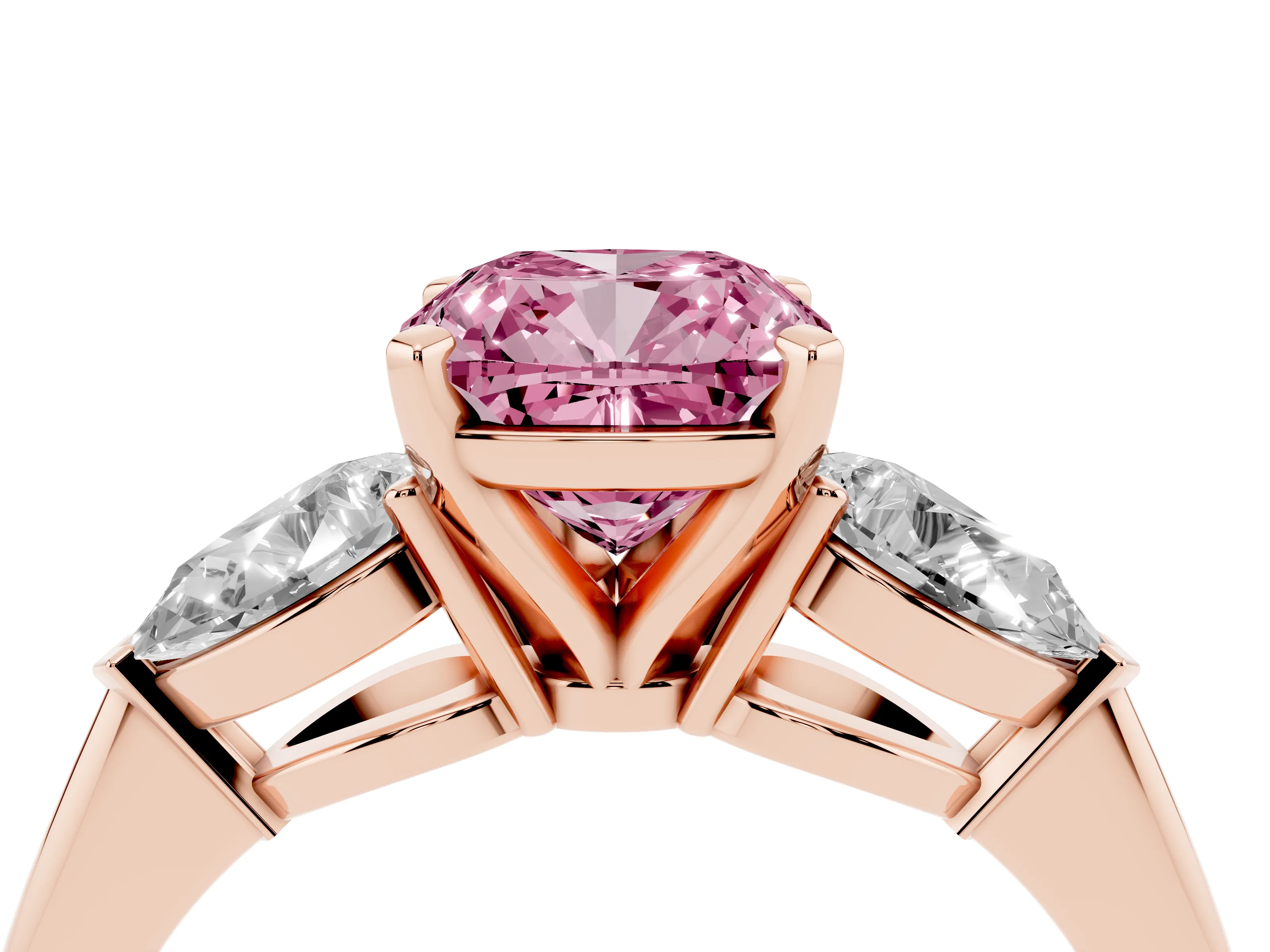 Fancy Pink Three-Stone Cushion Cut Diamond Ring Set in Rose gold with Pear Side Stones and Prong Setting