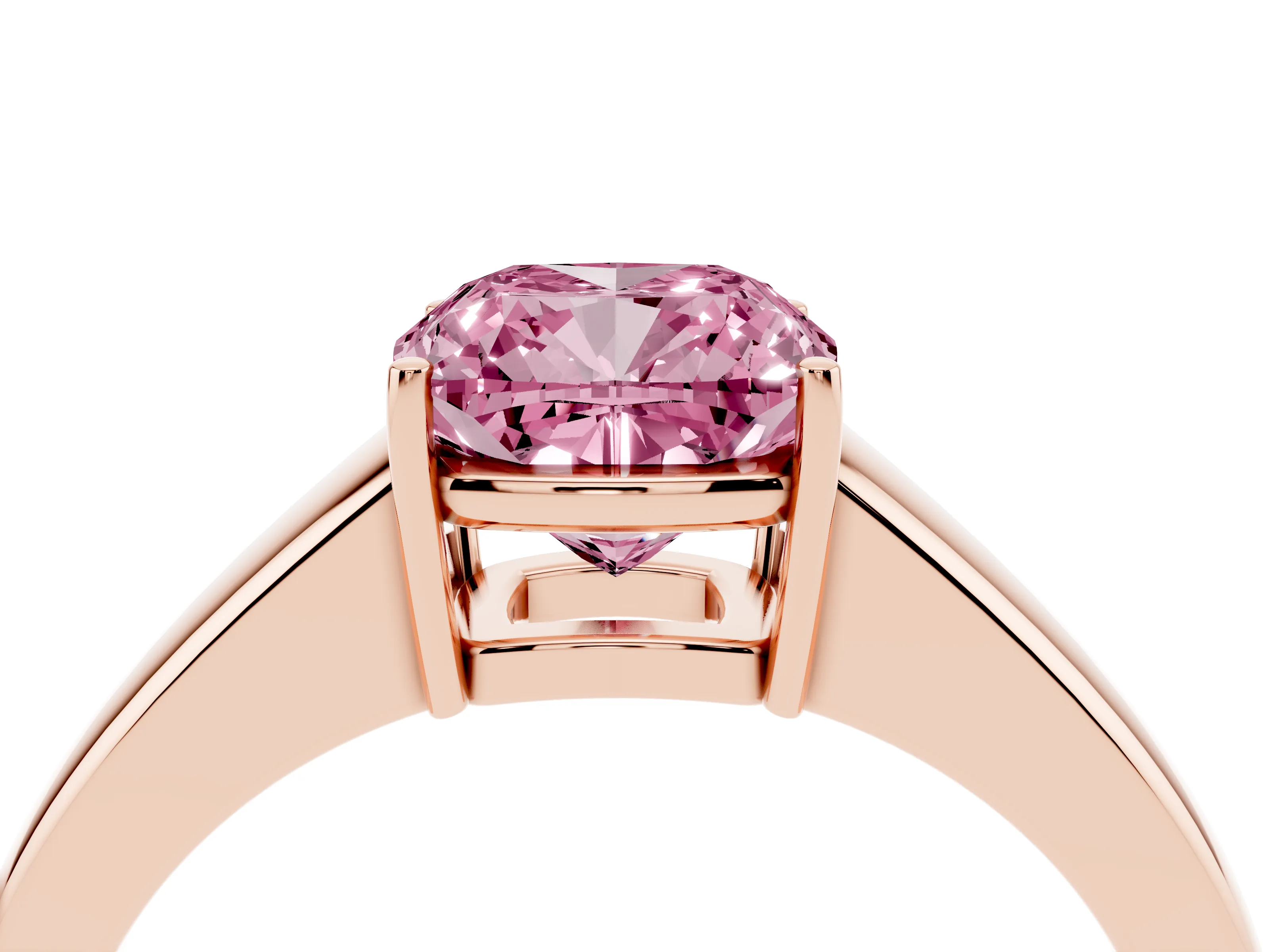 Fancy Pink Cushion Cut Diamond Solitaire Ring Set in Rose gold with Tapered Band and Prong Setting