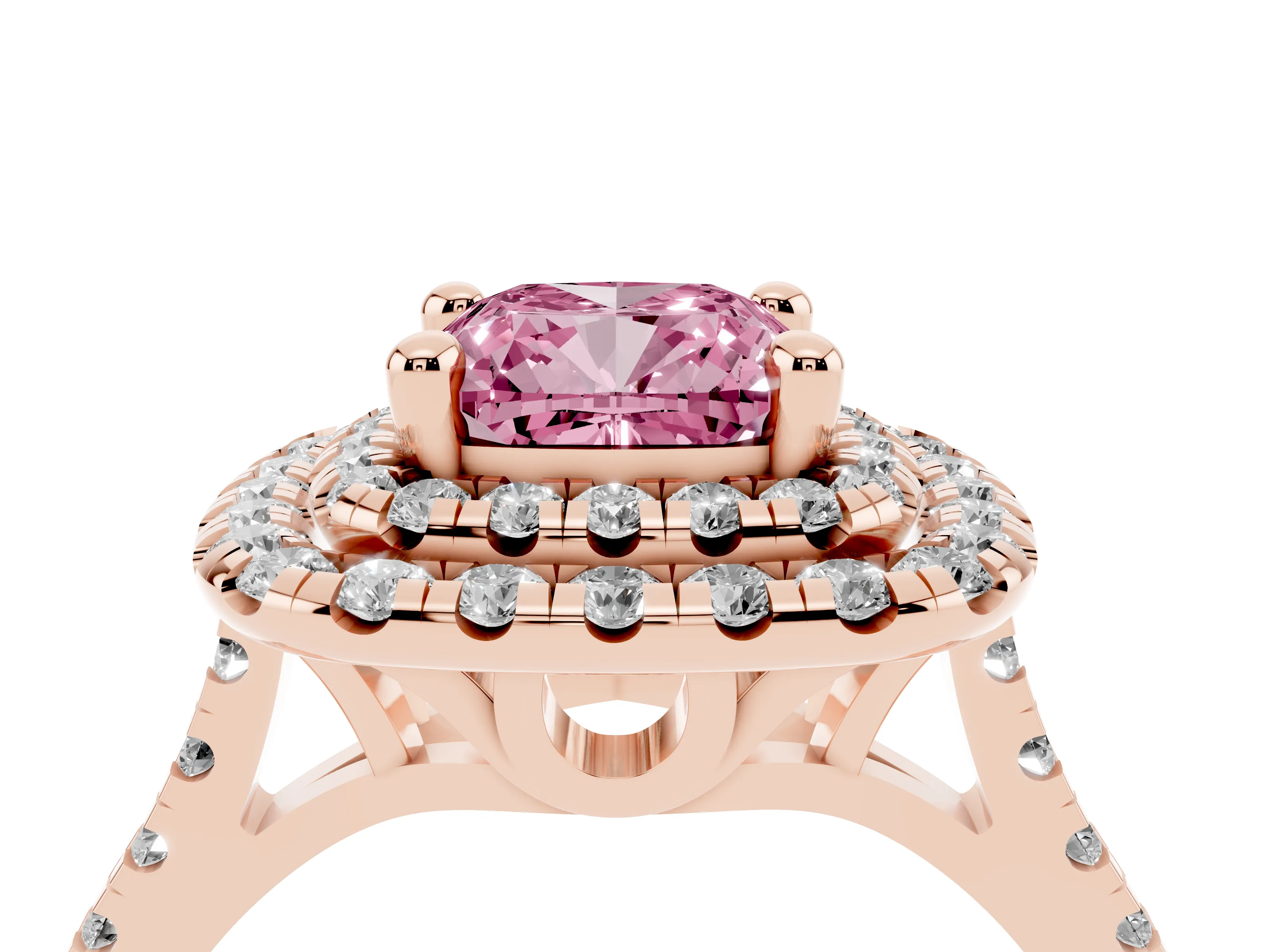 Fancy Pink Cushion Cut Diamond Double Halo Statement Ring Set in Rose gold with Pavé Band