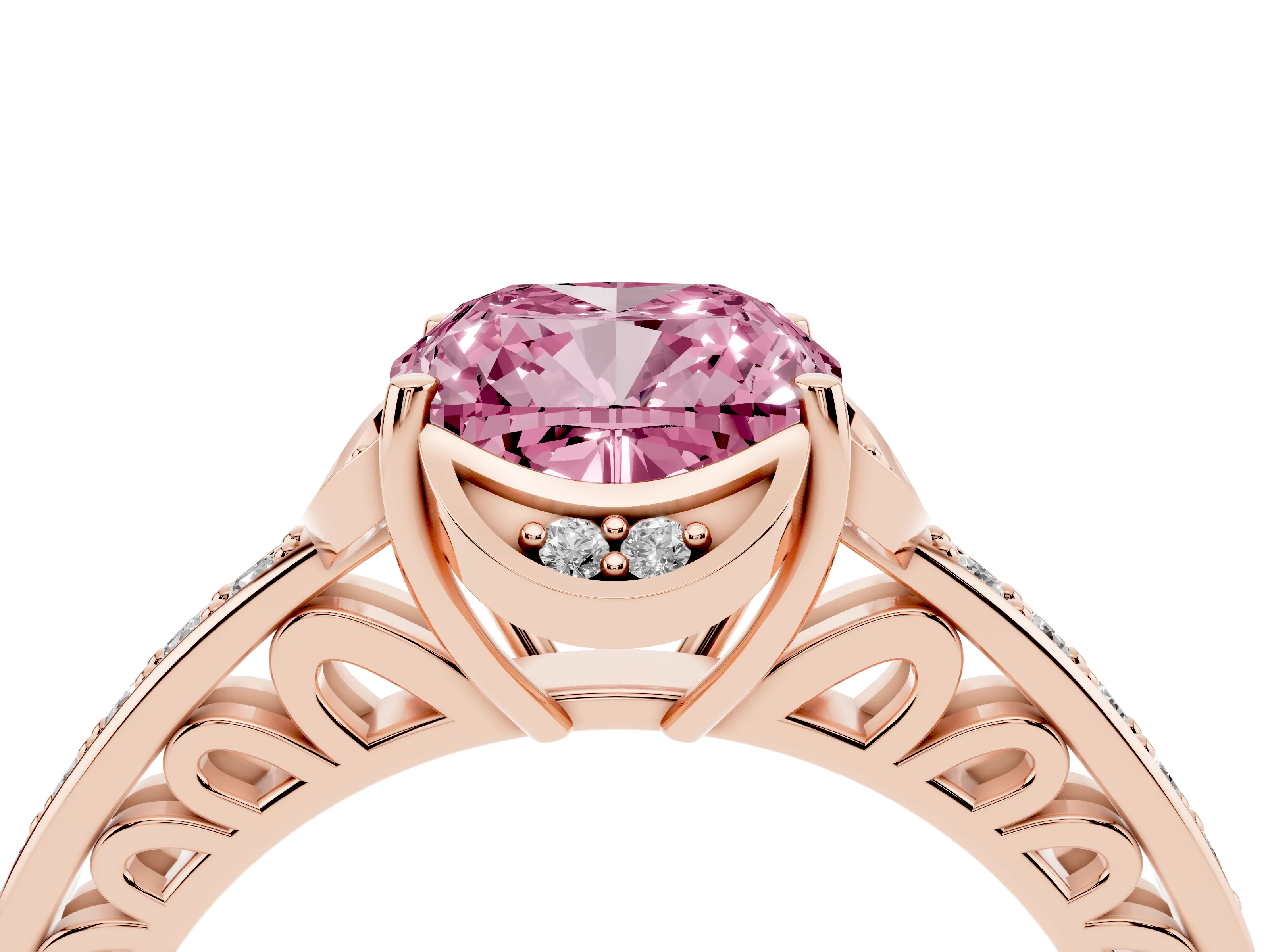 Fancy Pink Cushion Cut Diamond Halo Ring Set in Rose gold with Channel Set Band and Prong Setting