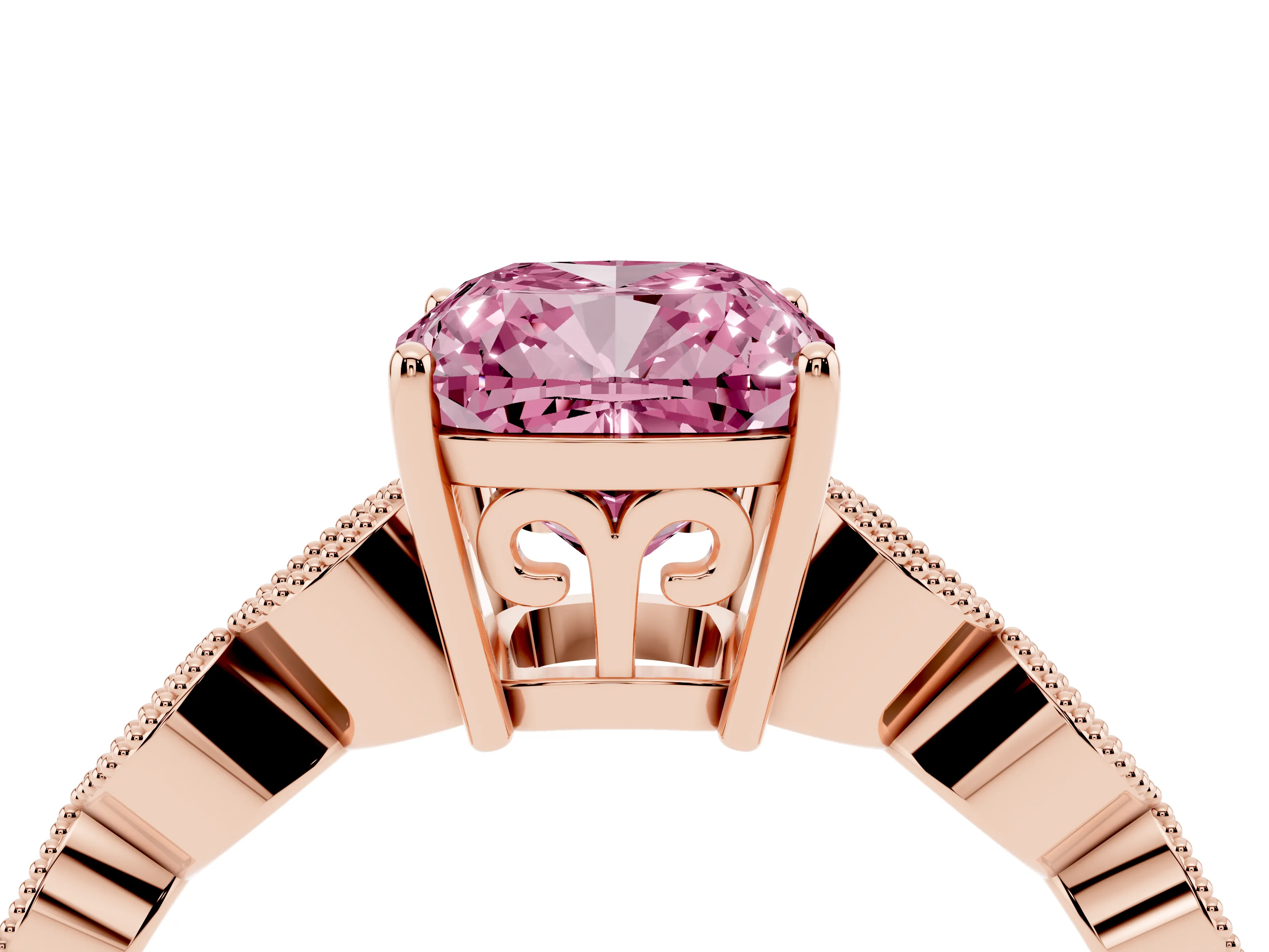 Fancy Pink Cushion Cut Diamond Solitaire Ring Set in Rose gold with Infinity Twist Pavé Band