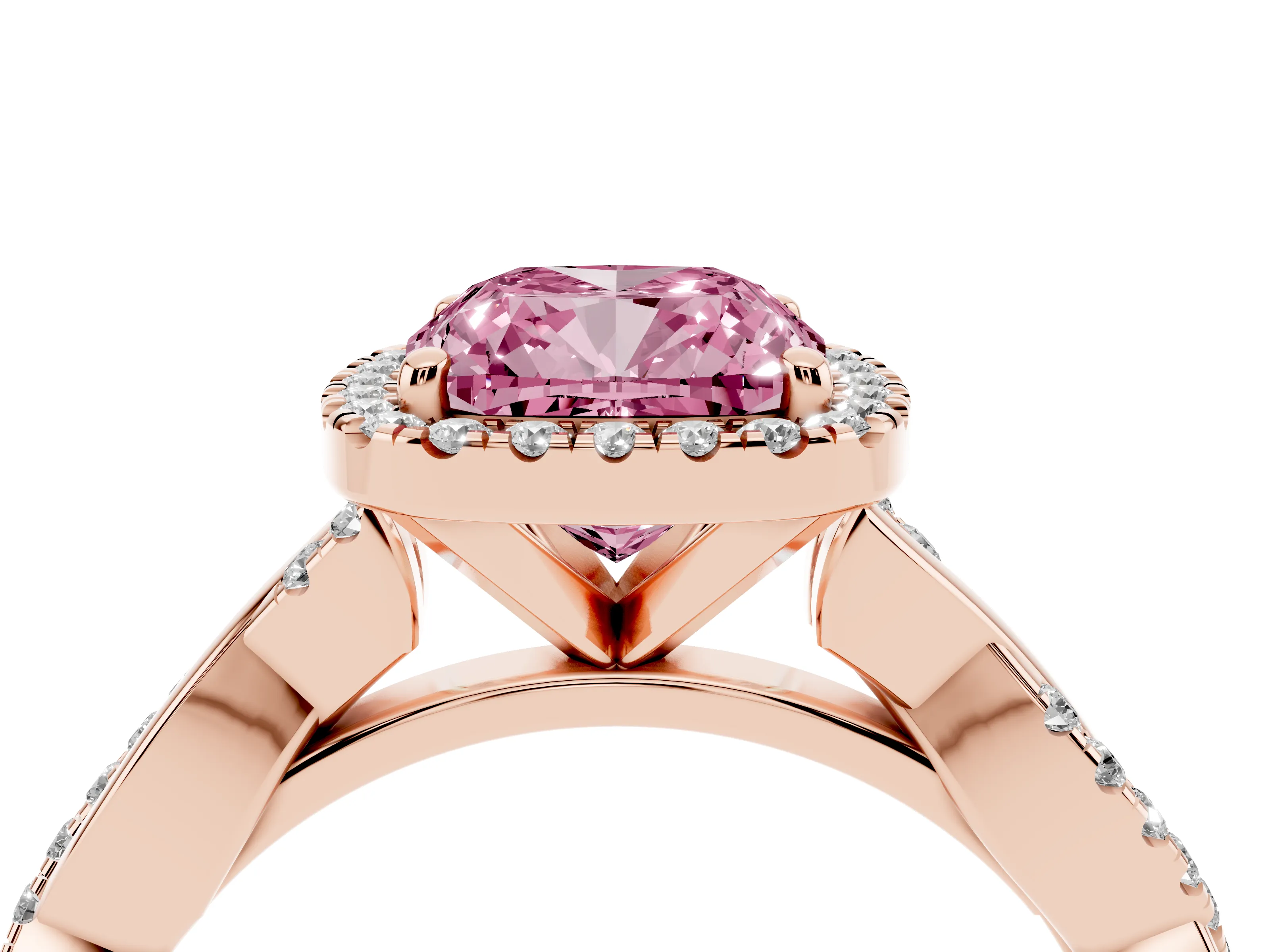 Fancy Pink Cushion Cut Diamond Halo Twisted Band Ring Set in Rose gold with Prong Setting