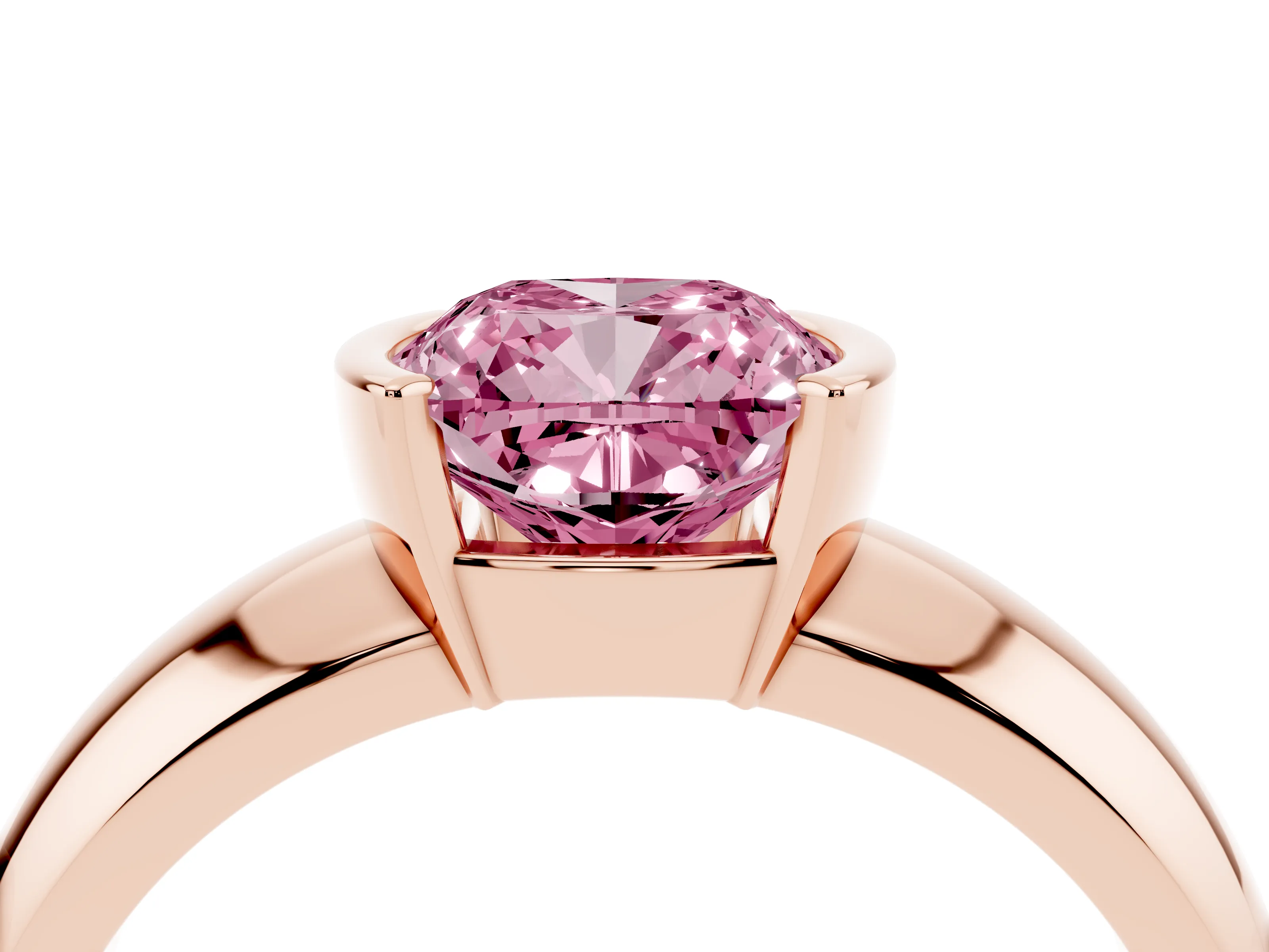 Fancy Pink Cushion Cut Diamond Solitaire Tension Set Ring Set in Rose gold with Wide Band