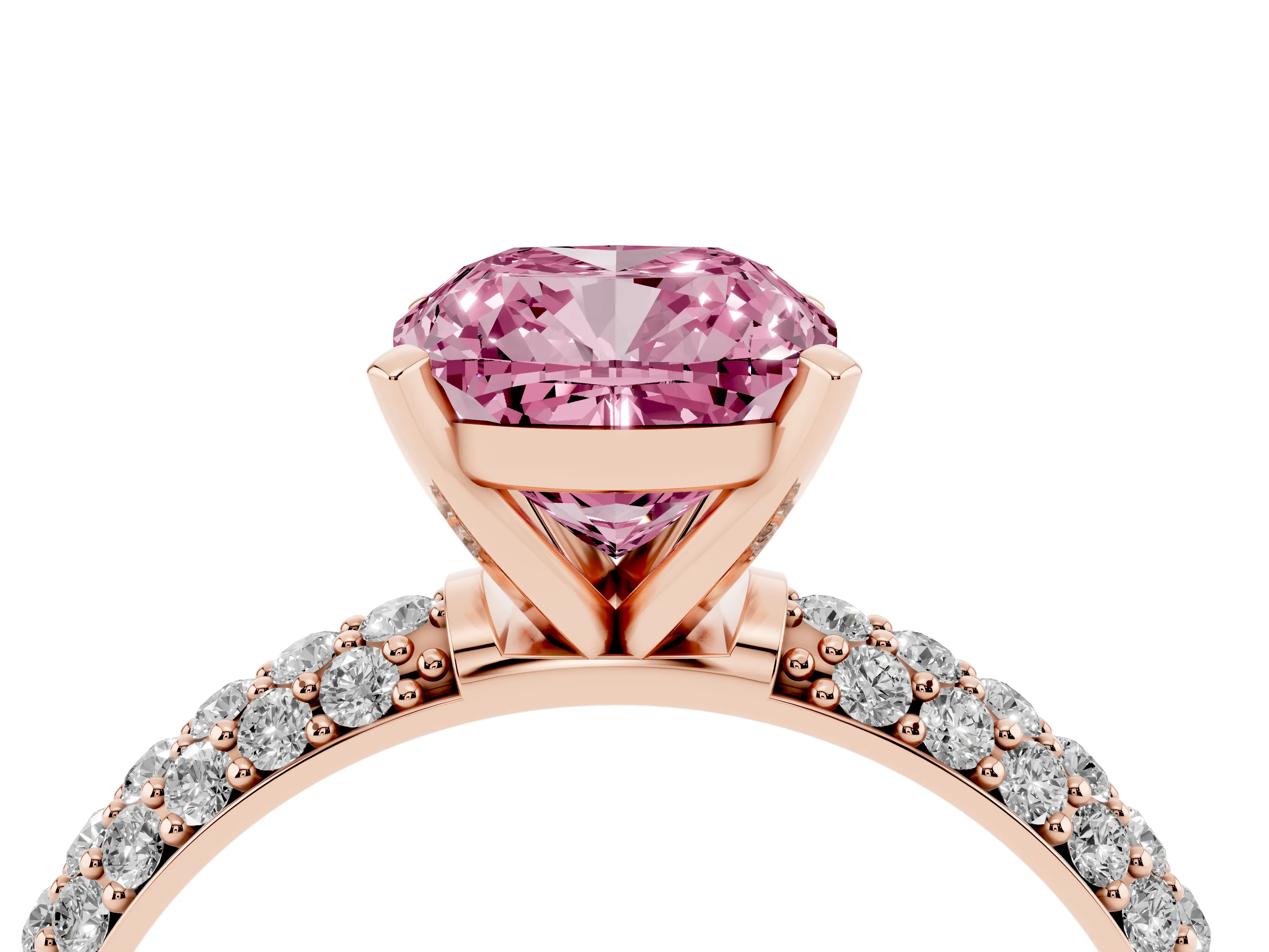 Fancy Pink Cushion Cut Diamond Solitaire Ring Set in Rose gold with Prong Setting and Pavé-Set Band