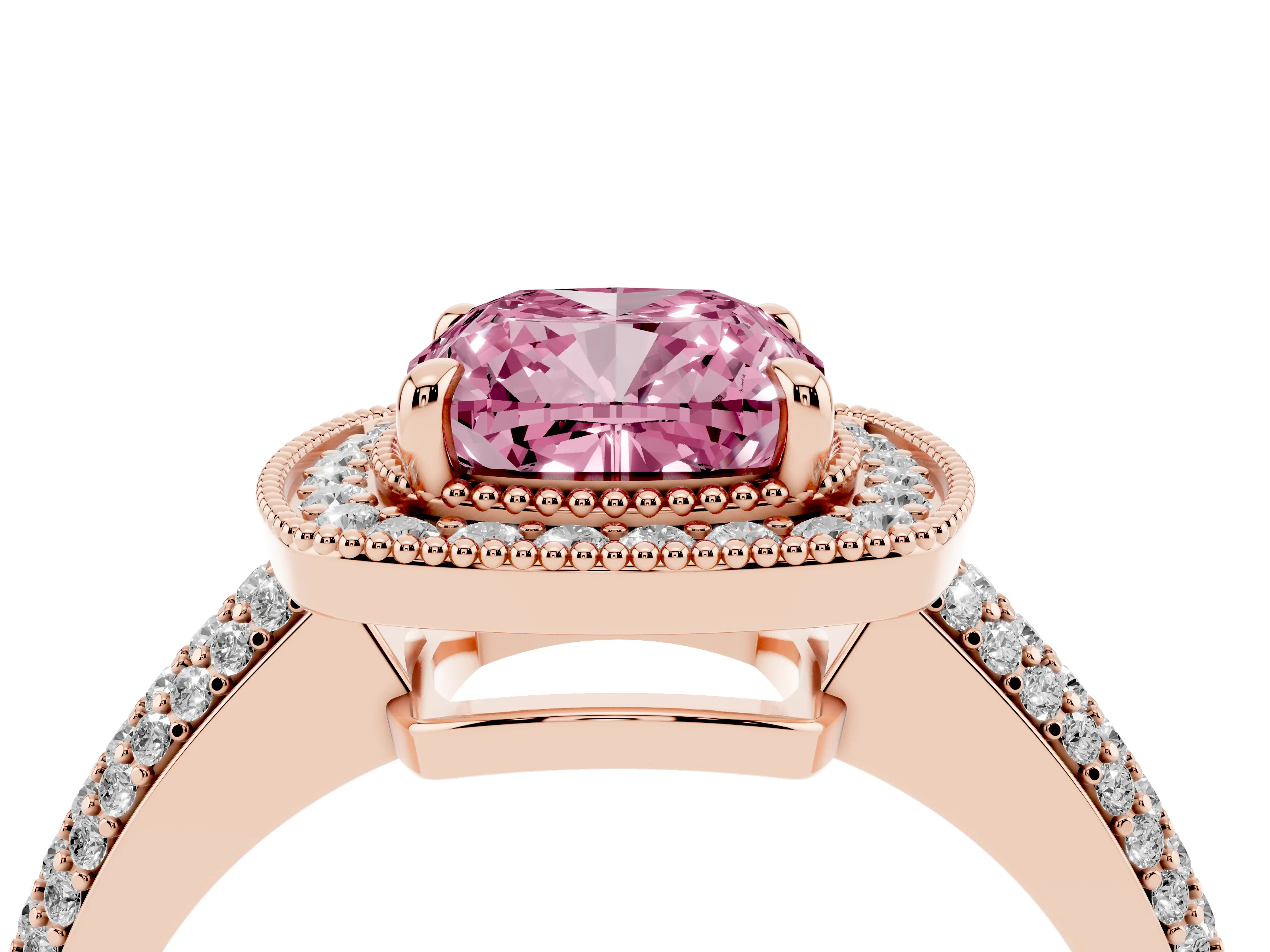 Fancy Pink Cushion Cut Diamond Halo Pavé Band Set in Rose gold with Prong Setting