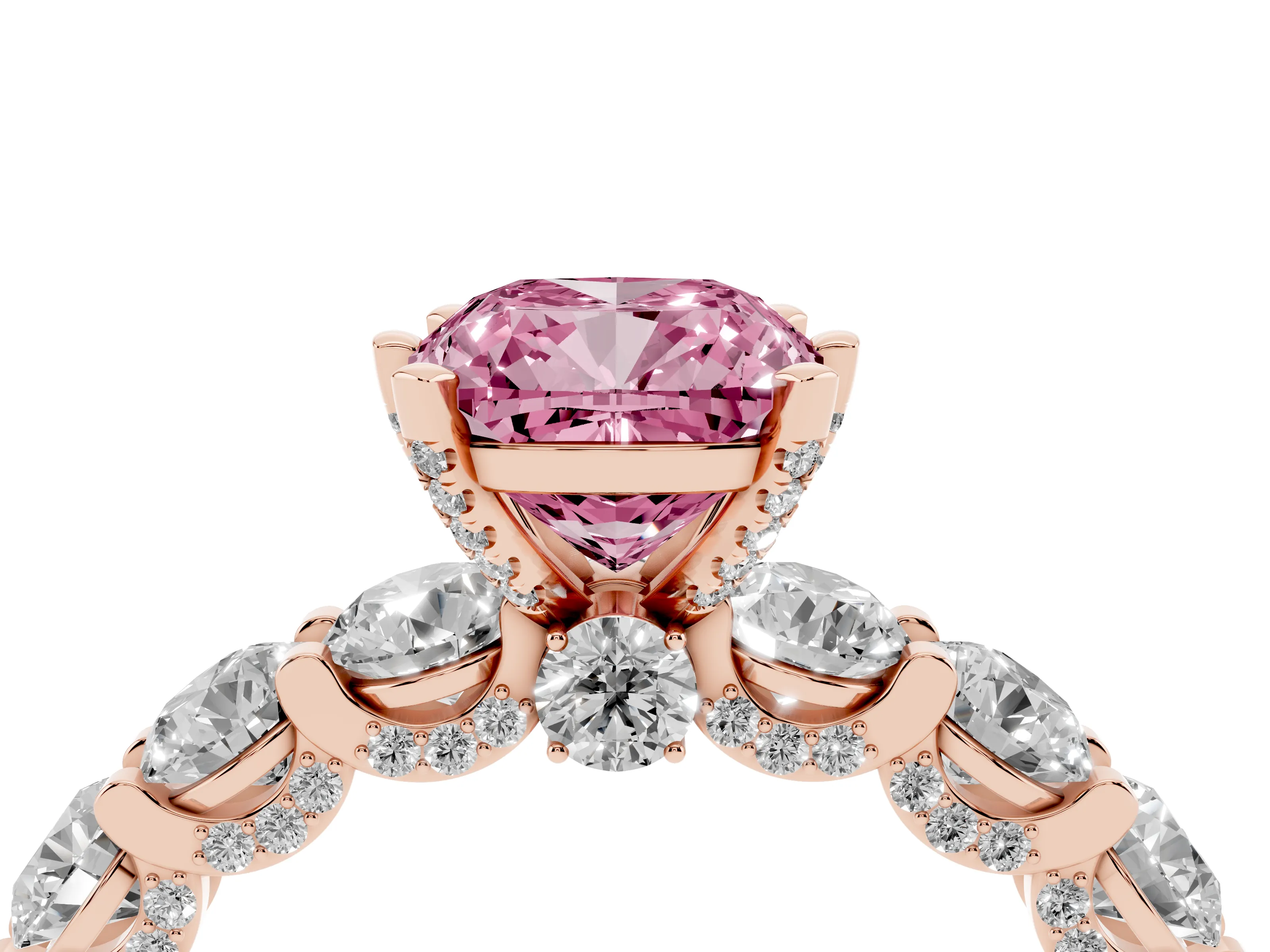 Fancy Pink Cushion Cut Diamond Side Stone Ring Set in Rose gold with Alternating Round and Oval Side Stones