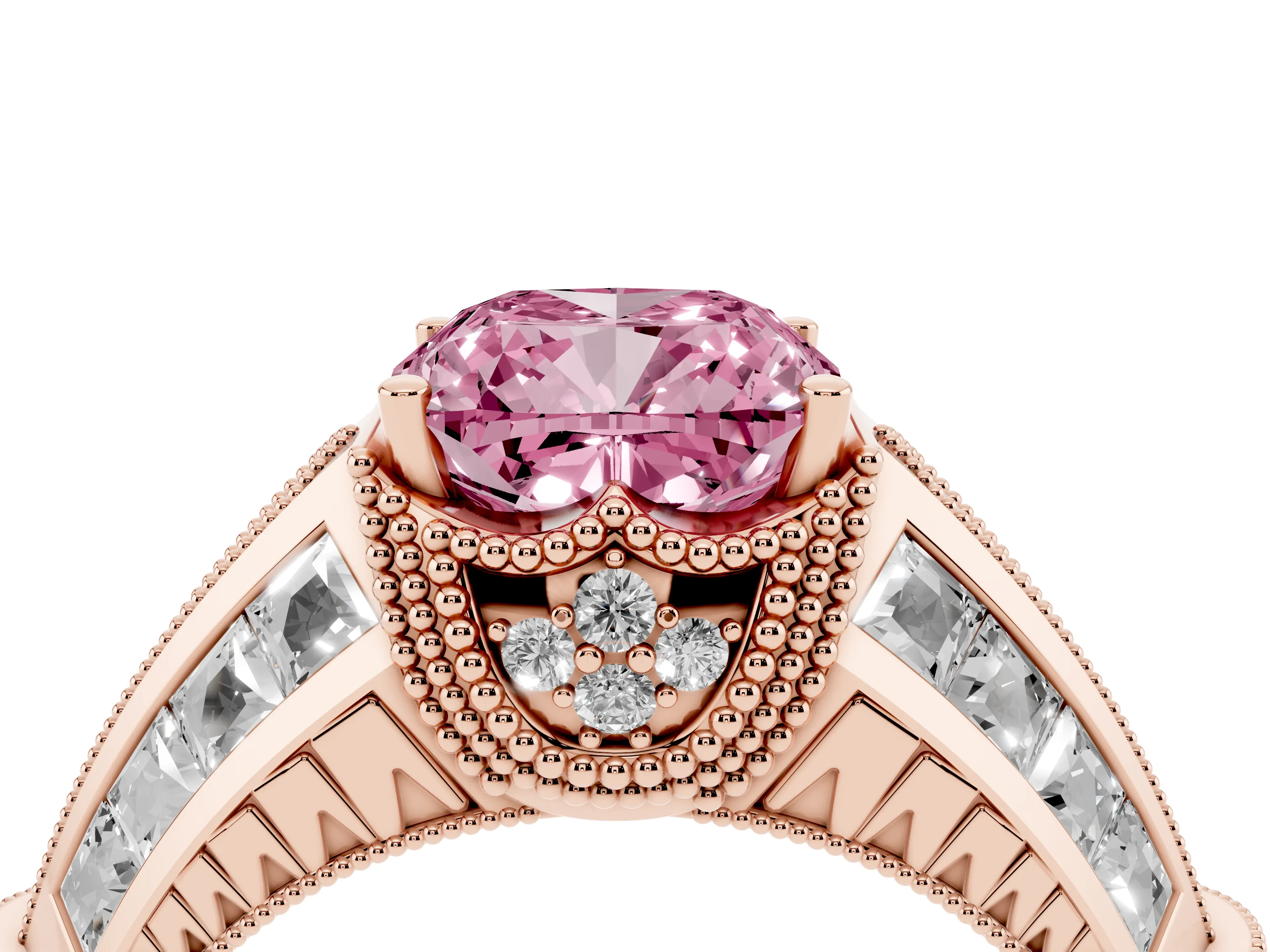 Fancy Pink Cushion Cut Diamond Vintage-Inspired Milgrain Ring Set in Rose gold with Accent Split Shank