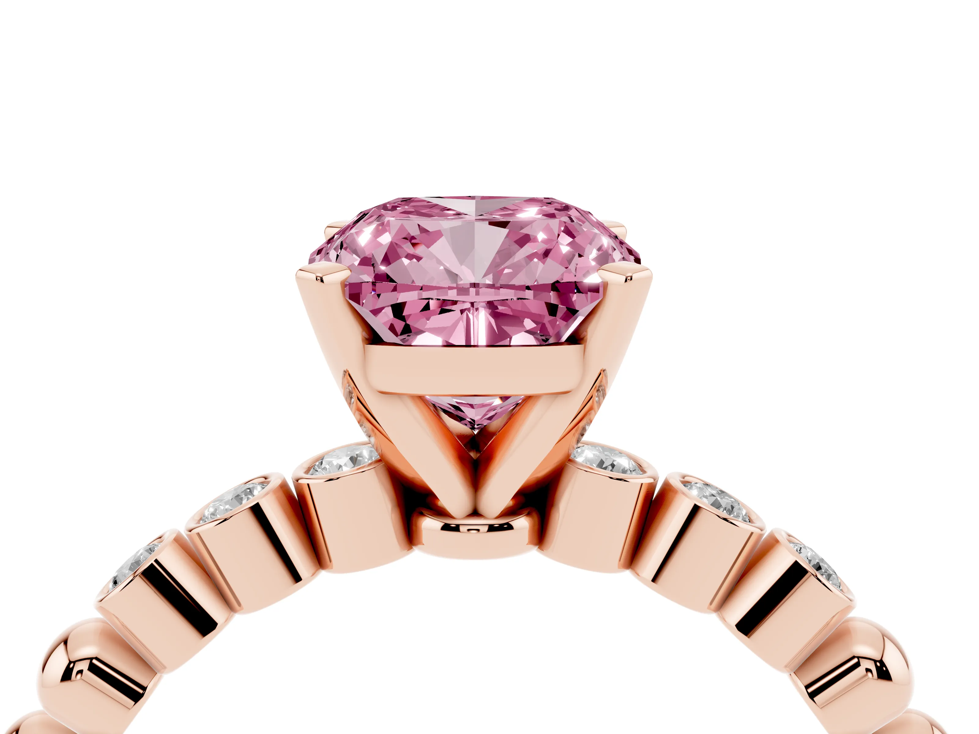 Fancy Pink Cushion Cut Diamond Solitaire Engagement Ring Set in Rose gold with Bezel Accents on Beaded Band