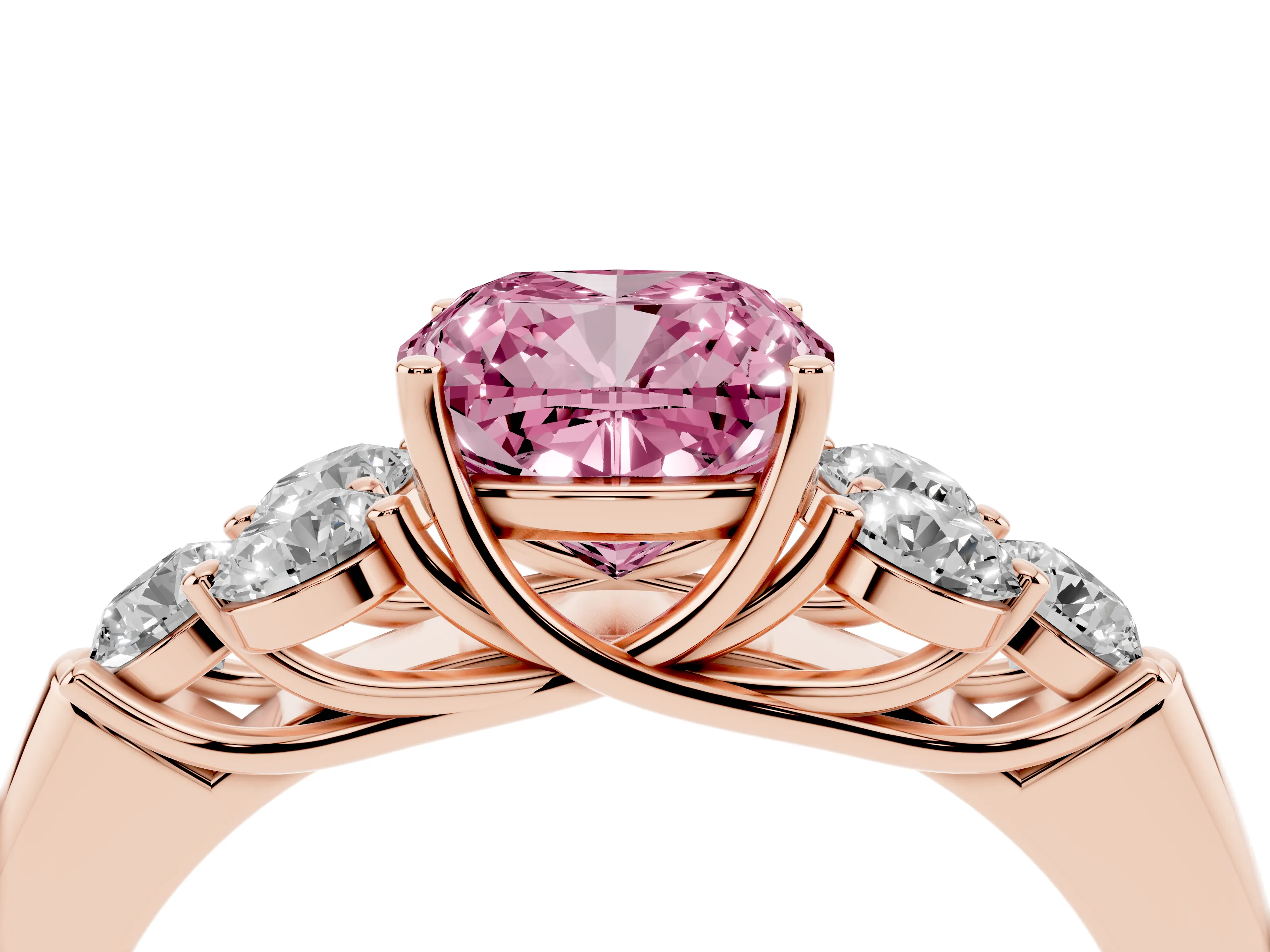 Fancy Pink Cushion Cut Diamond Cluster Ring Set in Rose gold with Round Accent Stones and Prong Setting on a Plain Band
