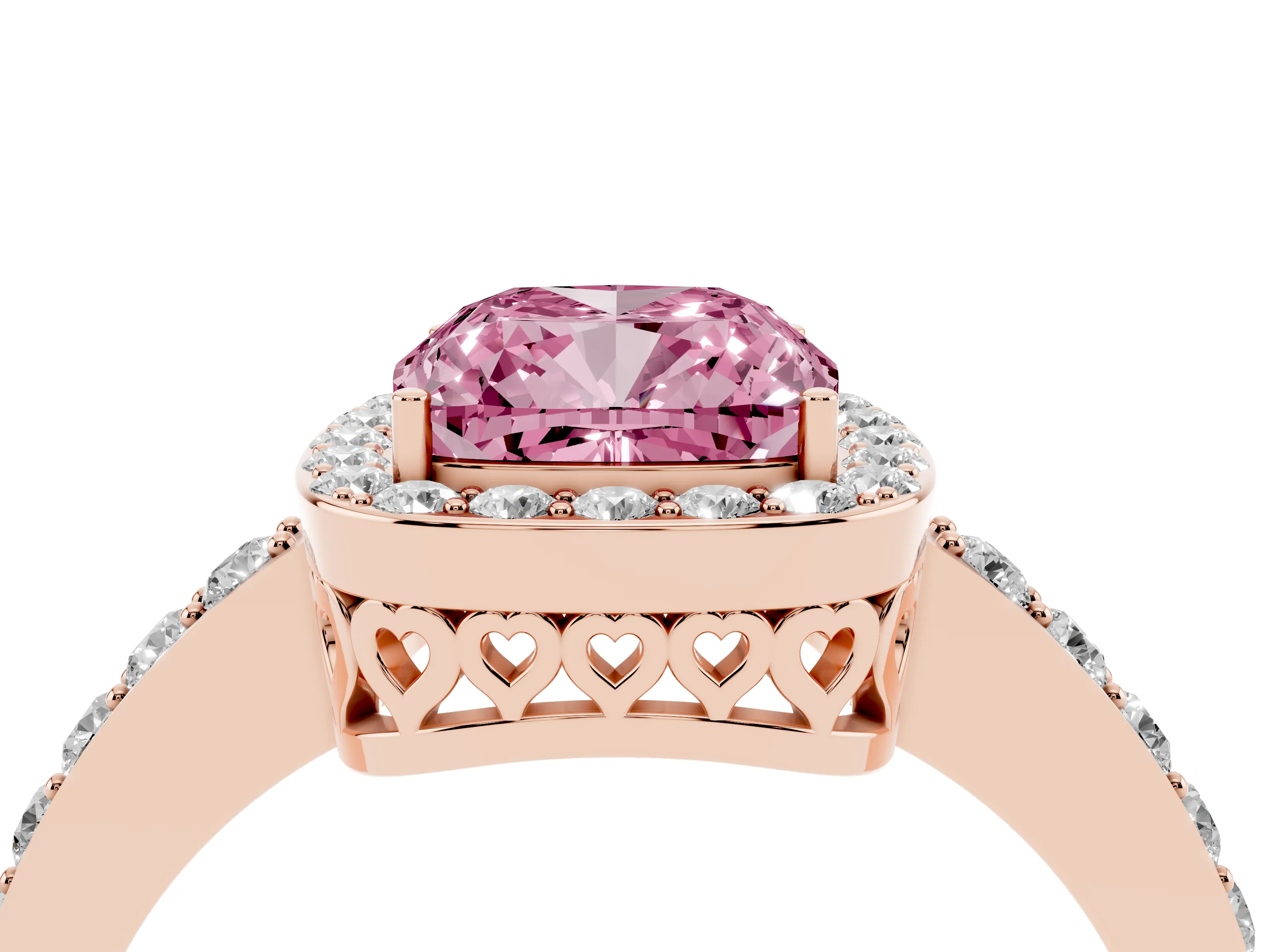 Fancy Pink Cushion Cut Diamond Halo Ring Set in Rose gold with Pavé-Setting Band and Open Prong Center